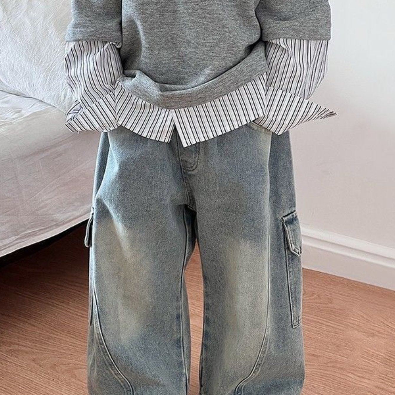 Boys Wide Leg Cargo Jeans Casual Baggy Denim Pants For 3-12 Years