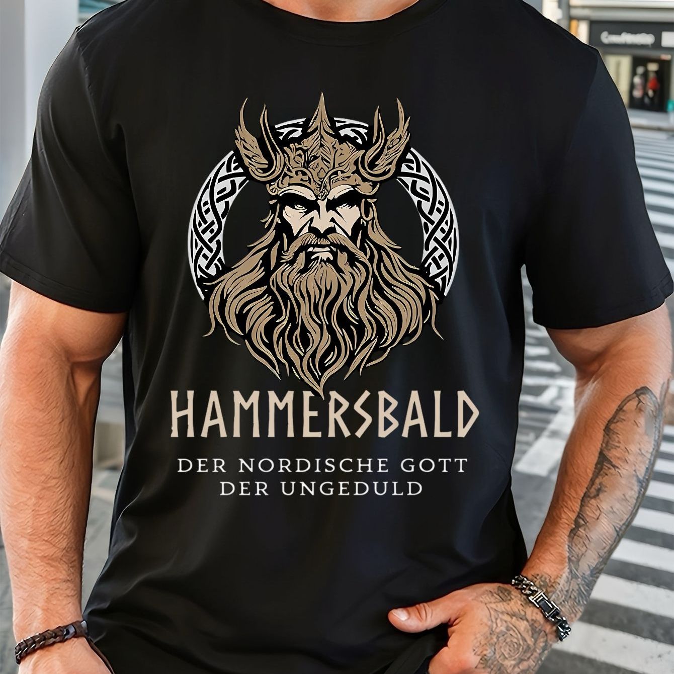 Image of Plus Size Hammersbald Ikingo God Of T-shirt - Spanishenglish Name Design, Iconic Character Print, Bohemian Style Round Neck Short Sleeve Tee, Casual Apparel Suitable For Wear Themed Outfits, Plus Size