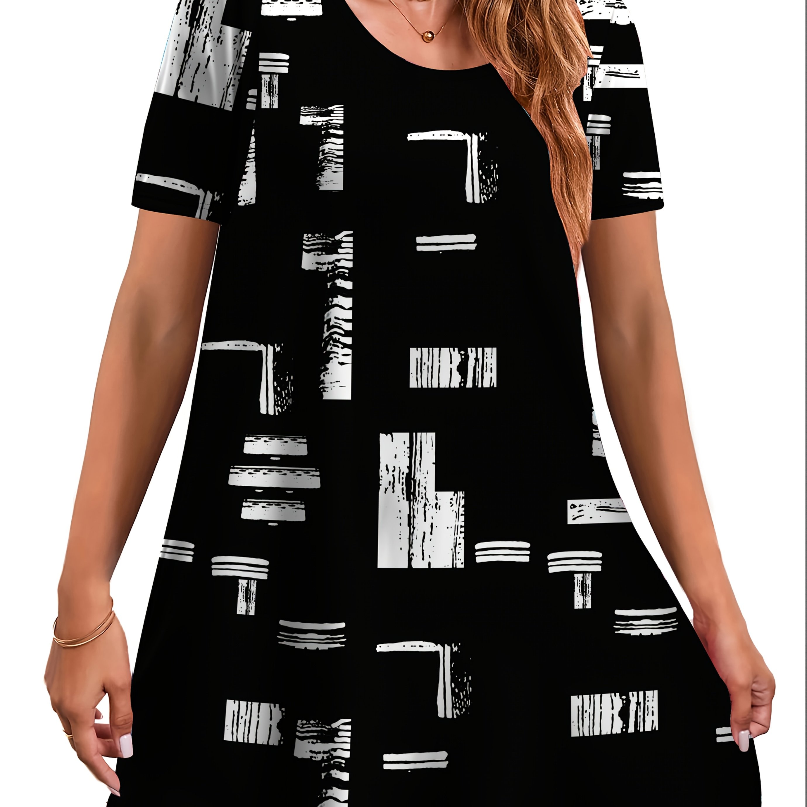 Plus Size, Plus Size Women's Casual Full-length Print Round Neck Short Sleeve Dress