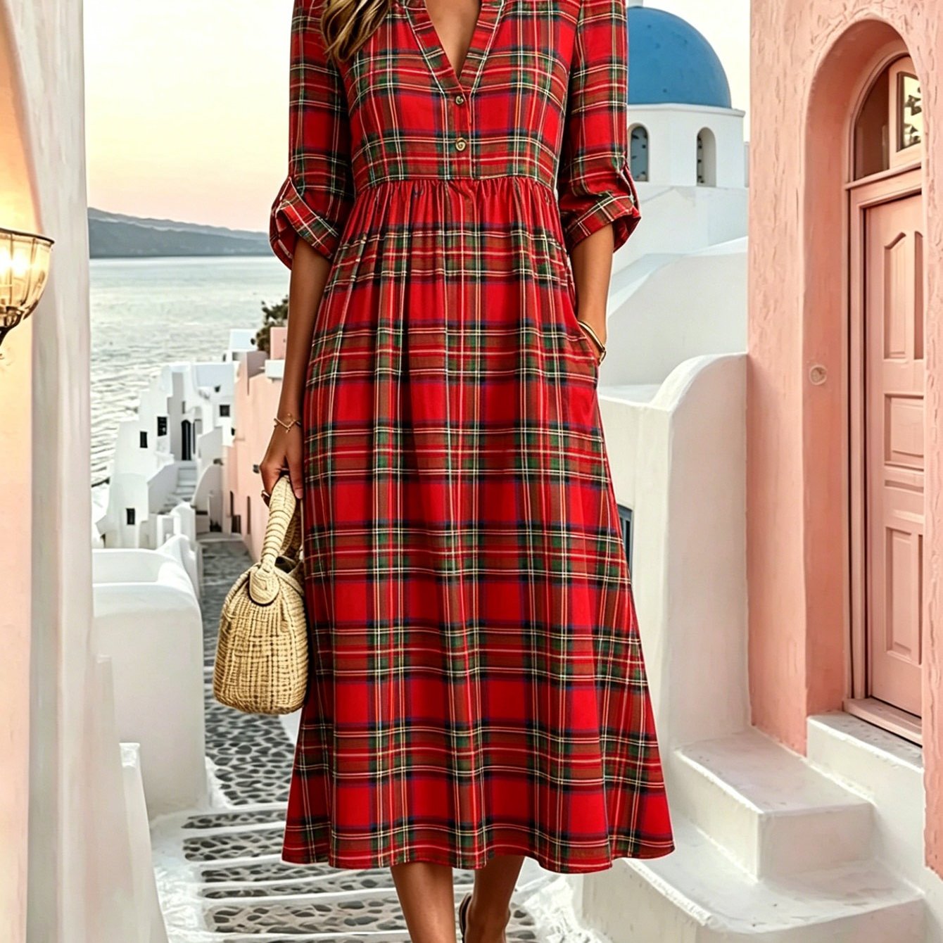 TEMU Robe midi tartan rouge grande taille pour femmes avec col en V à échancée et volants, manches 3/4 à , taille empire, poche, robe décontractée