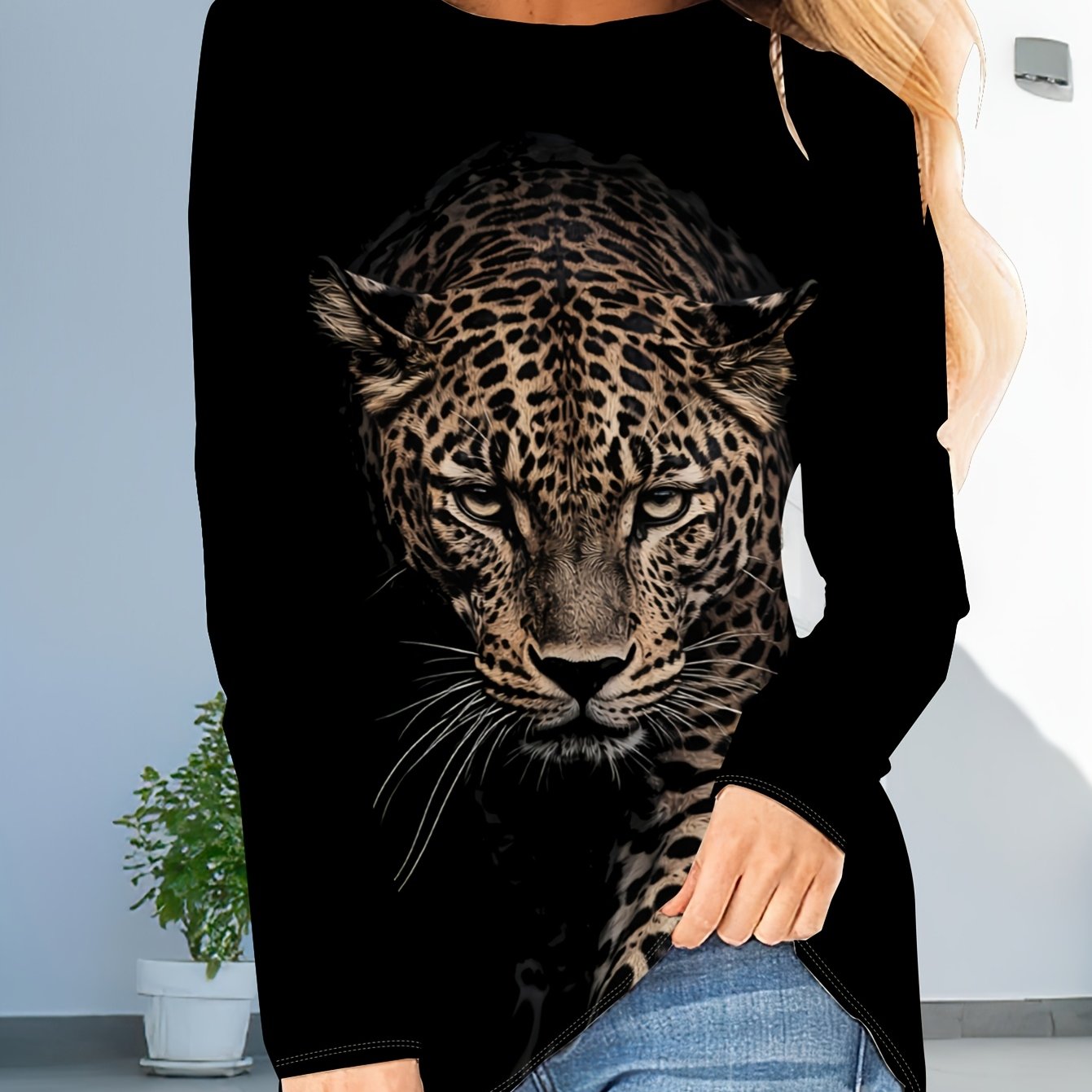 TEMU Women's Raglan Long Sleeve T-shirt With Domineering Leopard Head Print, Irregular Hem Top With Unique Animal Pattern, Fashionable Casual For