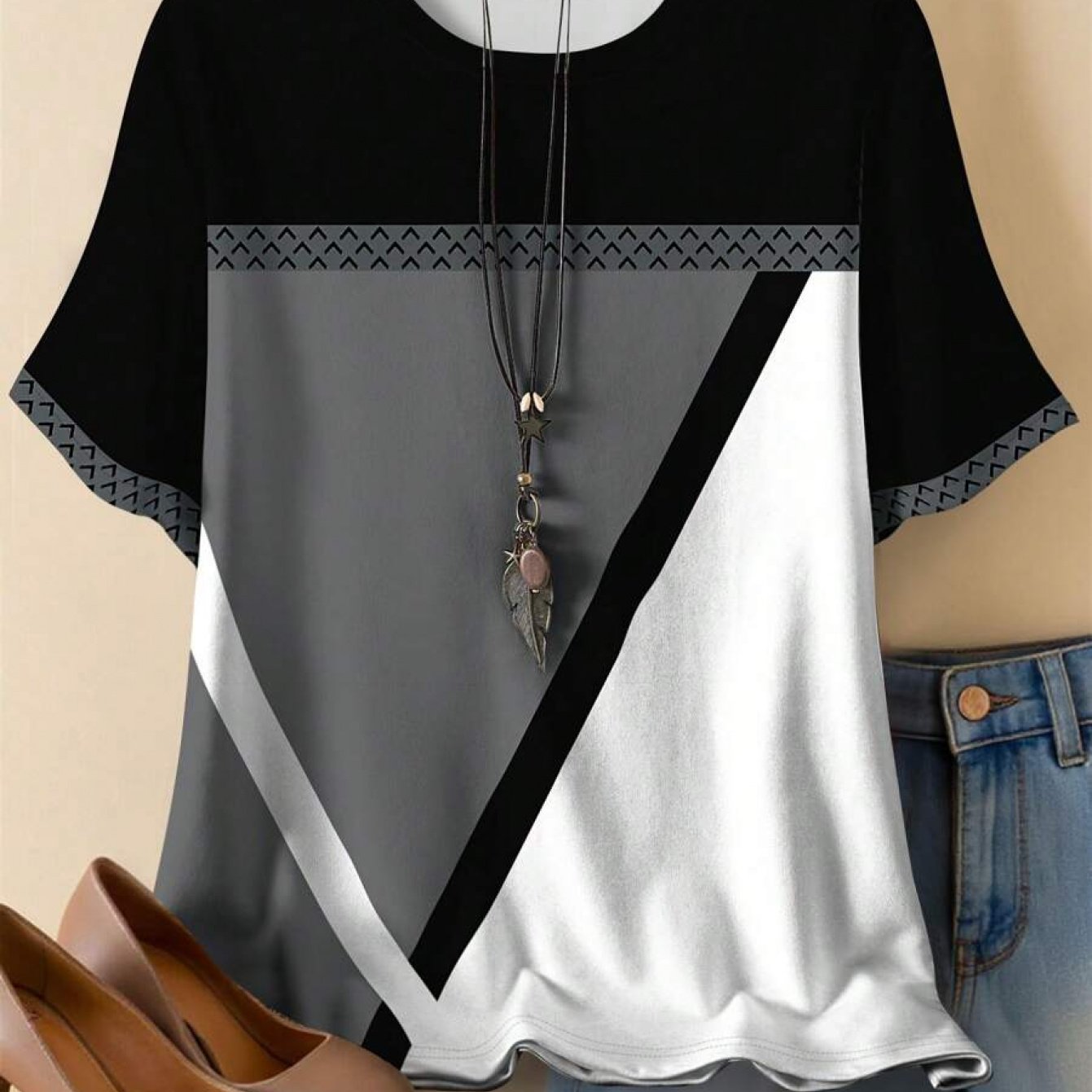 TEMU Plus Size - Plus Size - Women's Plus Size Comfortable Color-block Printed Short Sleeve T-shirt
