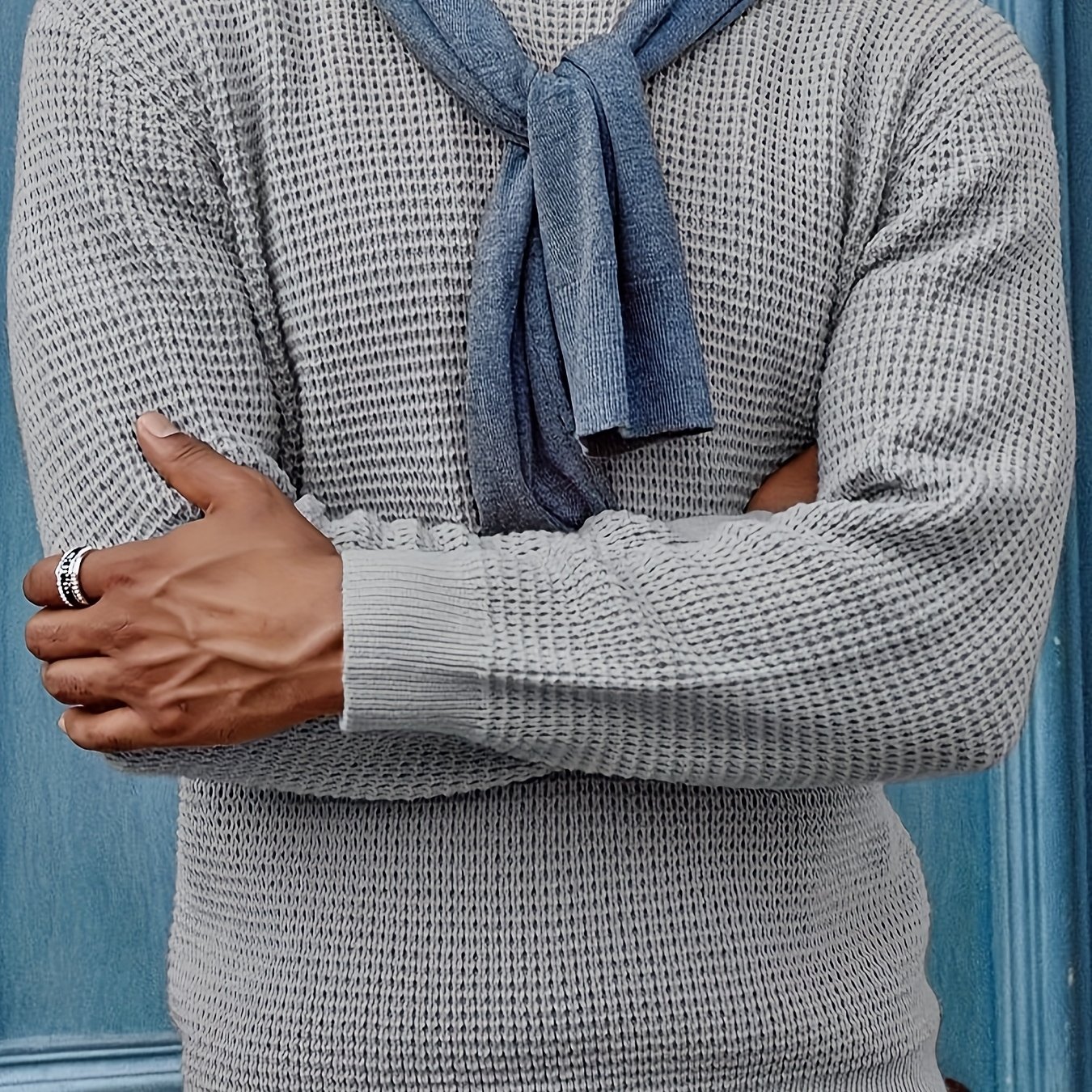 Image of New Solid Color Round Neck Pullover Sweater For Men, Long Sleeve, Knit