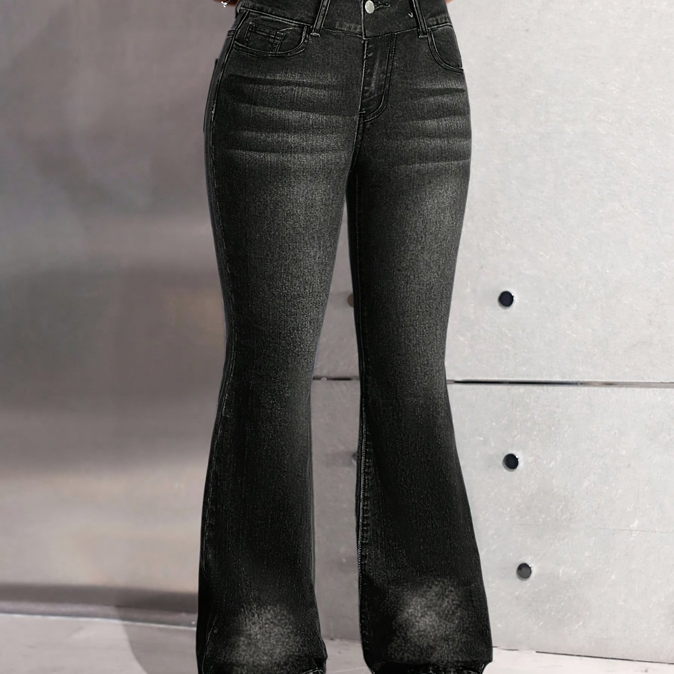 Youth Black Gray Distressed High-waist Flare Jeans, Slim , Vintage Distressed Craft, Wide Flare Lengthening Legs, Casual School Shopping Outfit