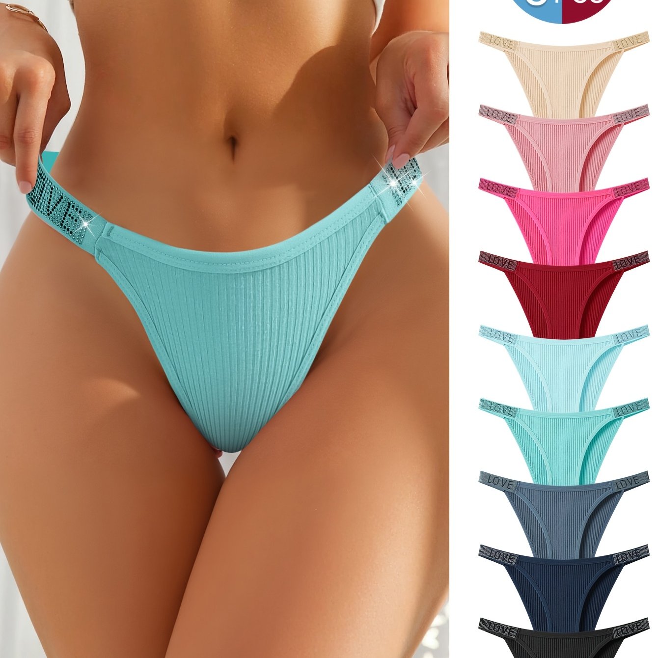 Image of 6pcs Sparkling Rhinestone Love Women's Panties, Random , Solid Easy Comfortable Breathable Soft Casual, , Suitable For Beach Vacation Wear