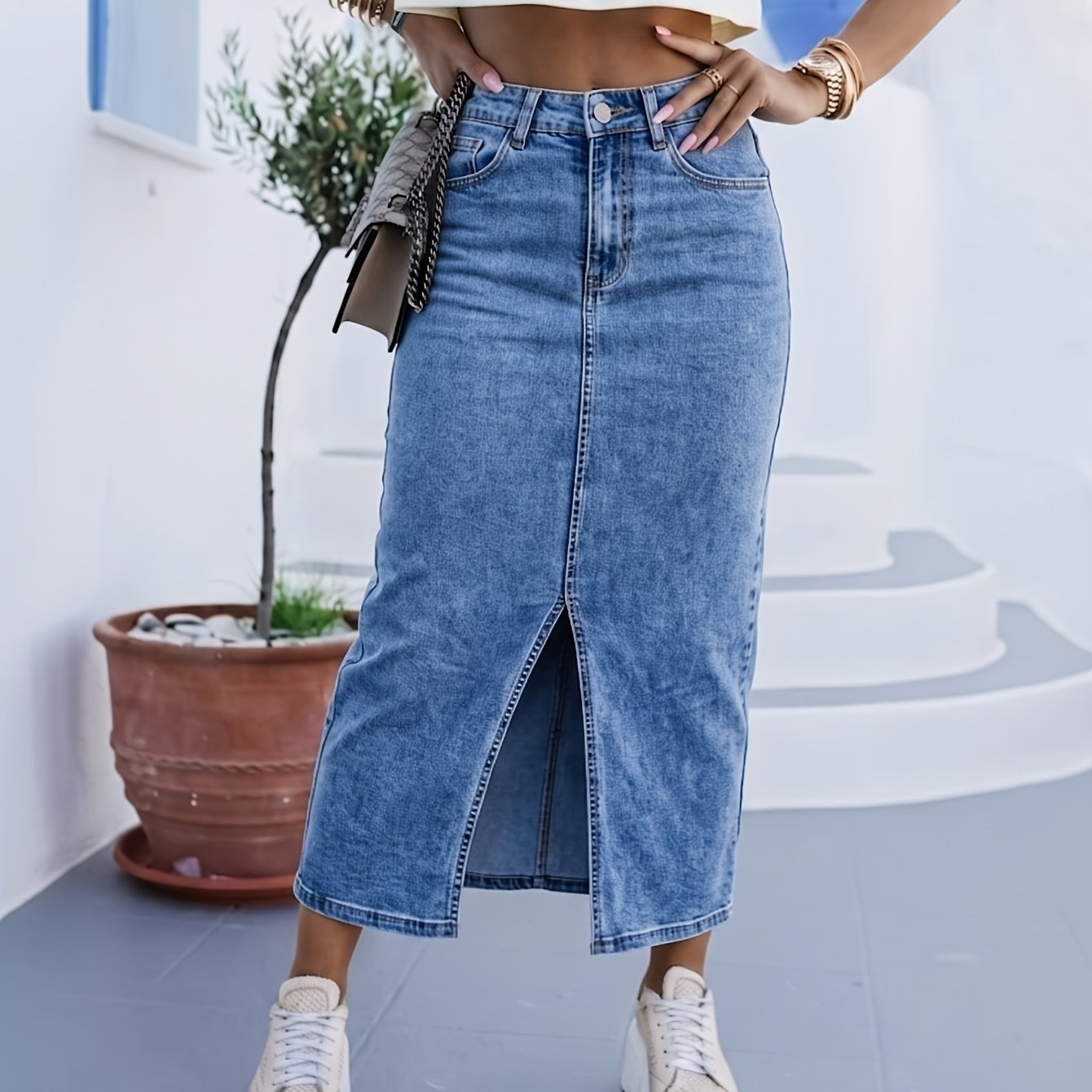 Women's New Style All Matching Comfortable Slit Denim Wrap Long Skirt