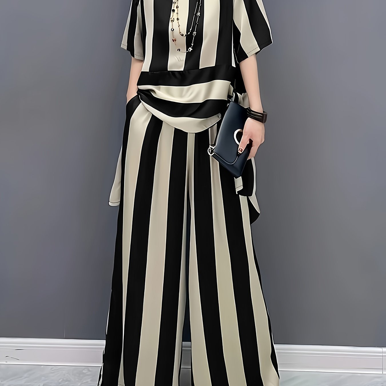 TEMU Artistic Irregular Striped Loose Crew Neck Pullover Top With Flowing Wide-leg Pants, Women's Outing, Vacation, Loungewear, Fashionable