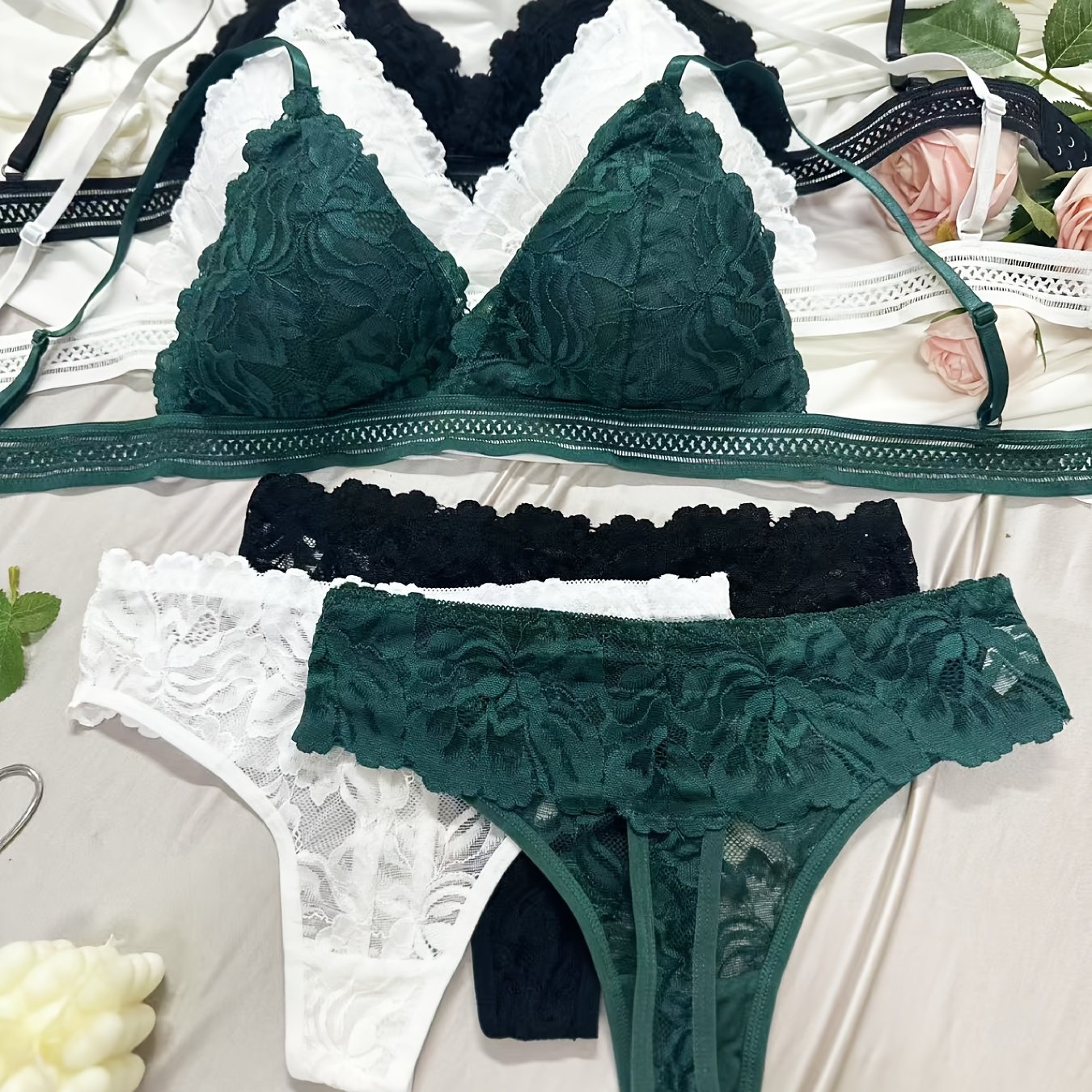 TEMU 6pcs Breathable Seamless Lace Bra And Panty Set, Wire-free Thin Sexy Romantic Triangle Cup Bra And Lace Panties, Women's Underwear And Panty Set