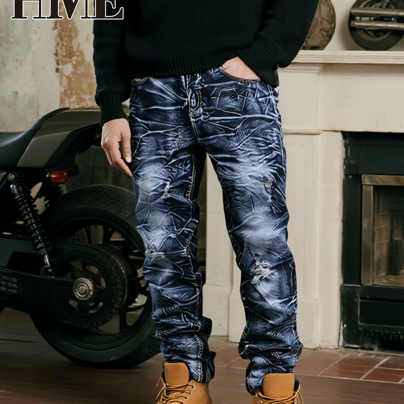 Image of Hme Men's Jeans - Trendy Gradient Blue Printed Design, Slim-fit & Versatile Stylish Trousers