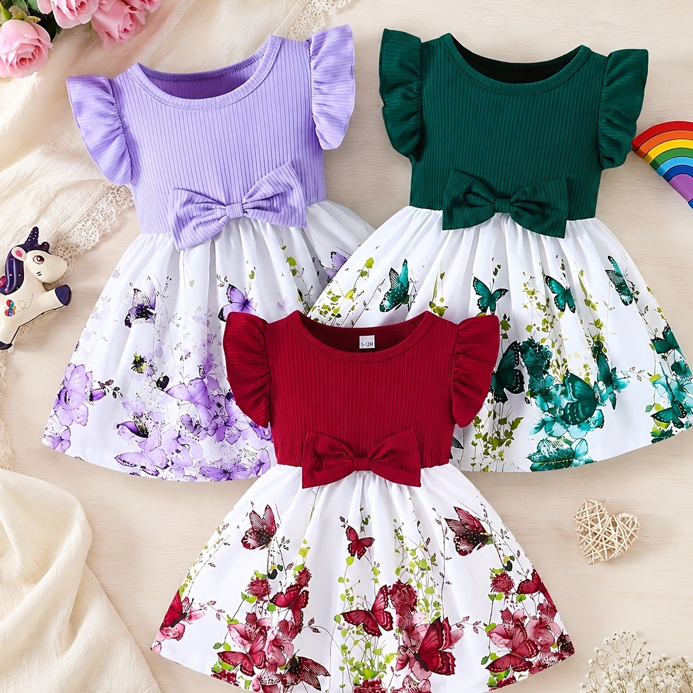 Image of 3pcs Set Sweet Girls Spring Summer Dress Round Neck Bow Floral Print Dress Cute Floral Pattern Bow Decor Comfortable Round Neck Lightweight Breathable For School Daily Outdoor Casual Wear