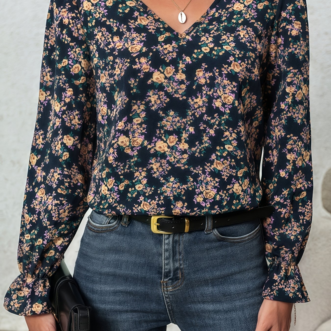 's Elegant Floral Print Lace Trim Blouse - Small Burgundy Brown Flowers On Dark Green, Casual To Semi-formal Short Sleeve Top