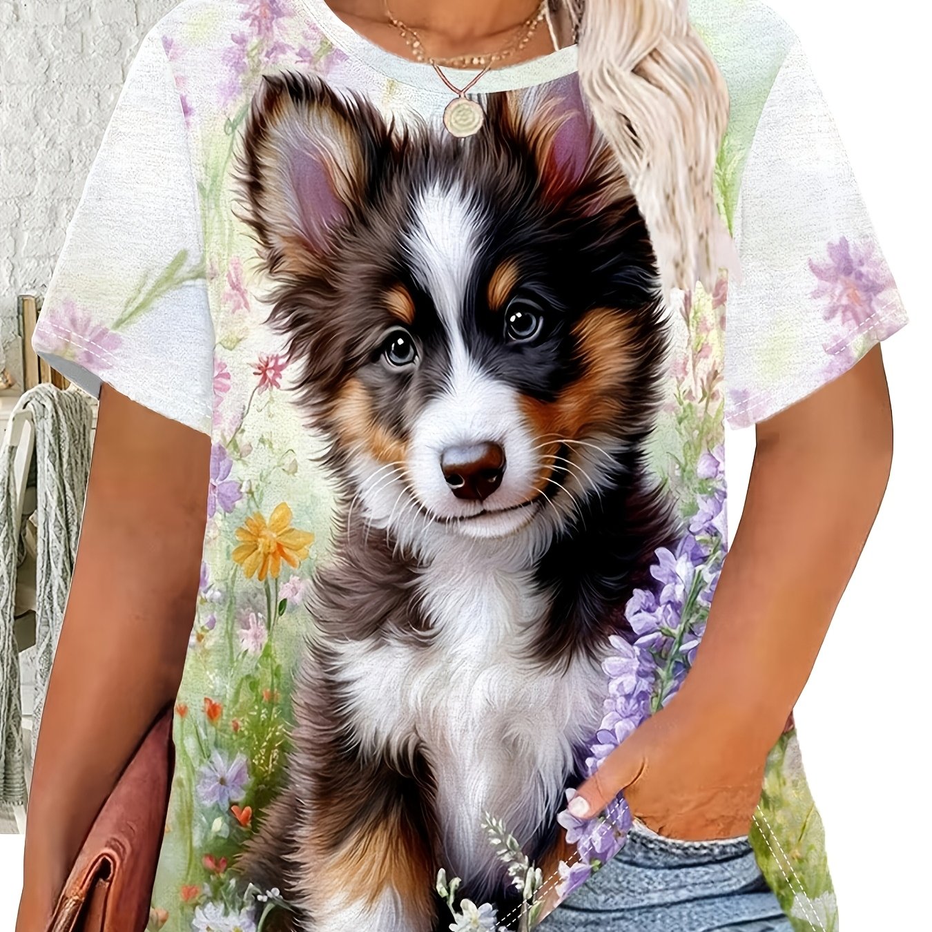 TEMU Plus Size - Plus Size - A Lovely Women's T-shirt Featuring A Cute Dog Print, With A Round Neck, Short Sleeves, Regular Length, And A Fabric That