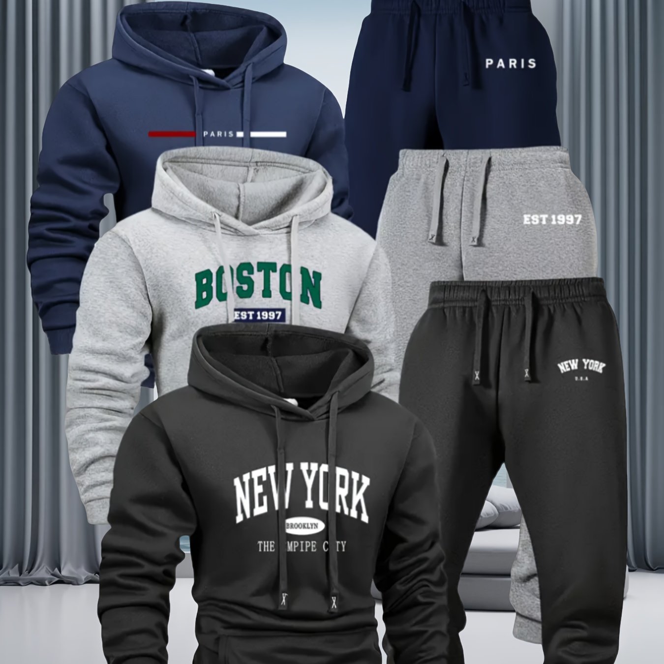 TEMU 6pcs Men's Sportswear And Pants Set, Fashionable Street Style City Name Printed Sportswear For Autumn And Winter Jogging Casual Wear, Soft, Warm And Comfortable Hooded Shirt And Pants|men's Set