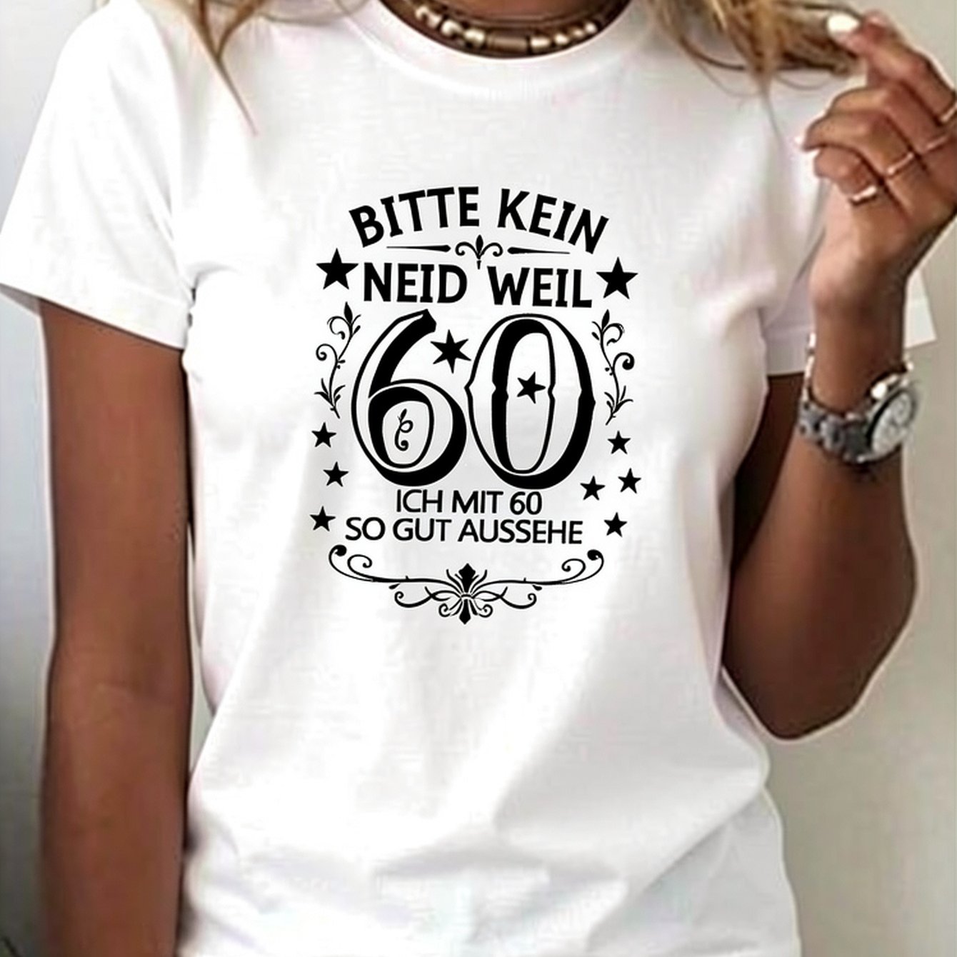 Image of Women' Years Old Print T-shirt - German Age Number And 60th Outfit, Casual Crew Neck Short Sleeve Top, Machine Washable Gift For Grandma, Women Turning 60, Wear