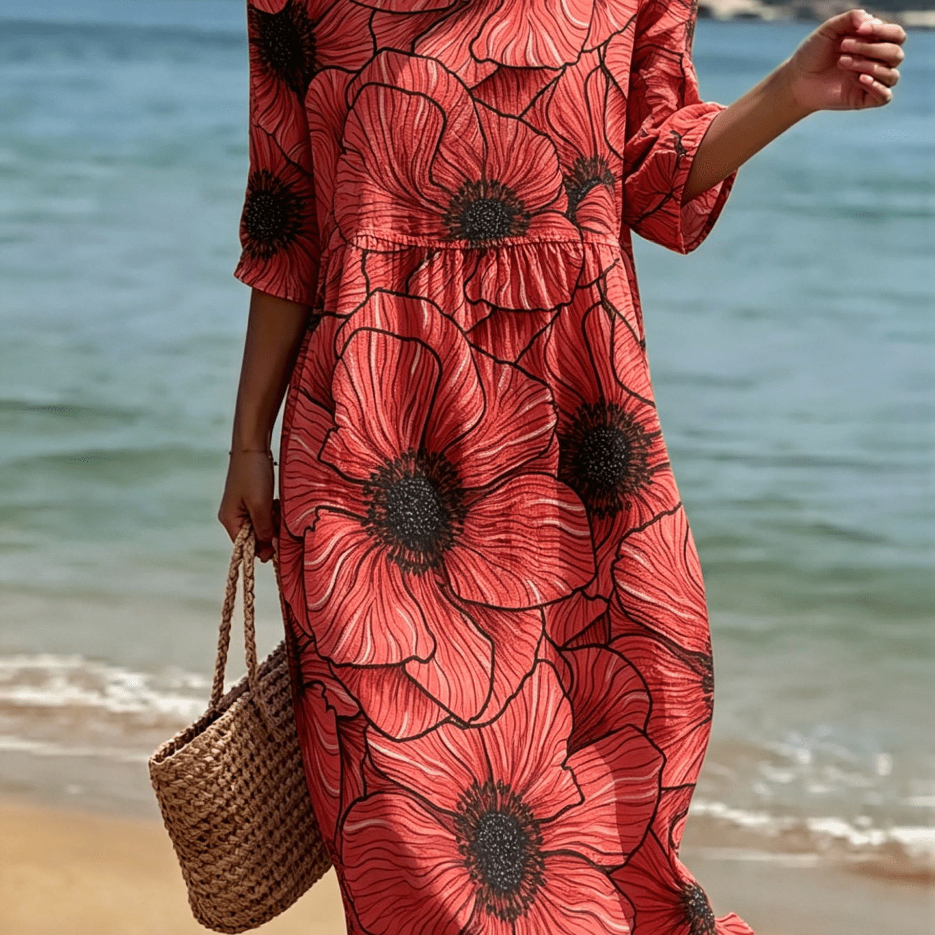 Image of 2026 New Women's Dress Red Large Floral Pattern Casual Round Neck Summer Dress Suitable For Beach Vacations Summer Carnivals Casual Attire And Weekend Machine Washable Polyester