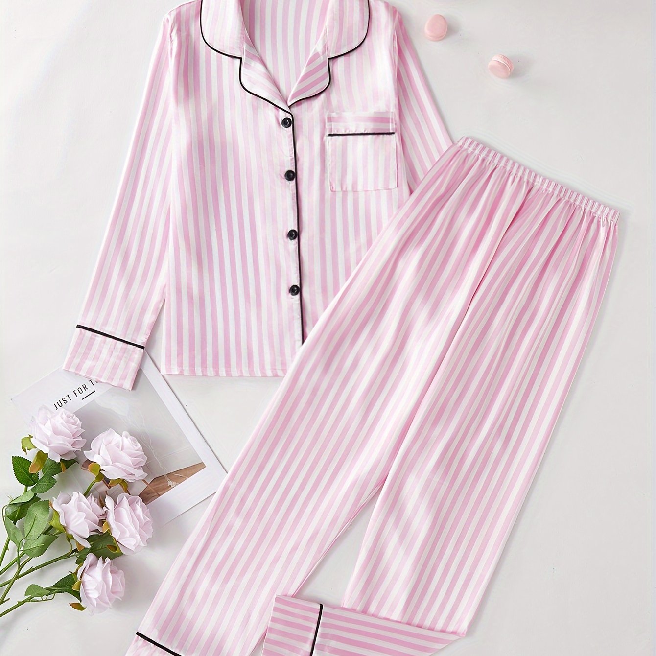 TEMU Elegant Striped Pajama Set For Women - Long Sleeve Button- & Pants, Blend, Machine Washable