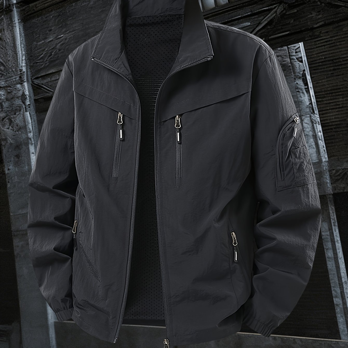 TEMU Men's Spring/autumn Lightweight Jacket - Stand Collar Sporty Outerwear - For Work, Daily, And Commuting Wear