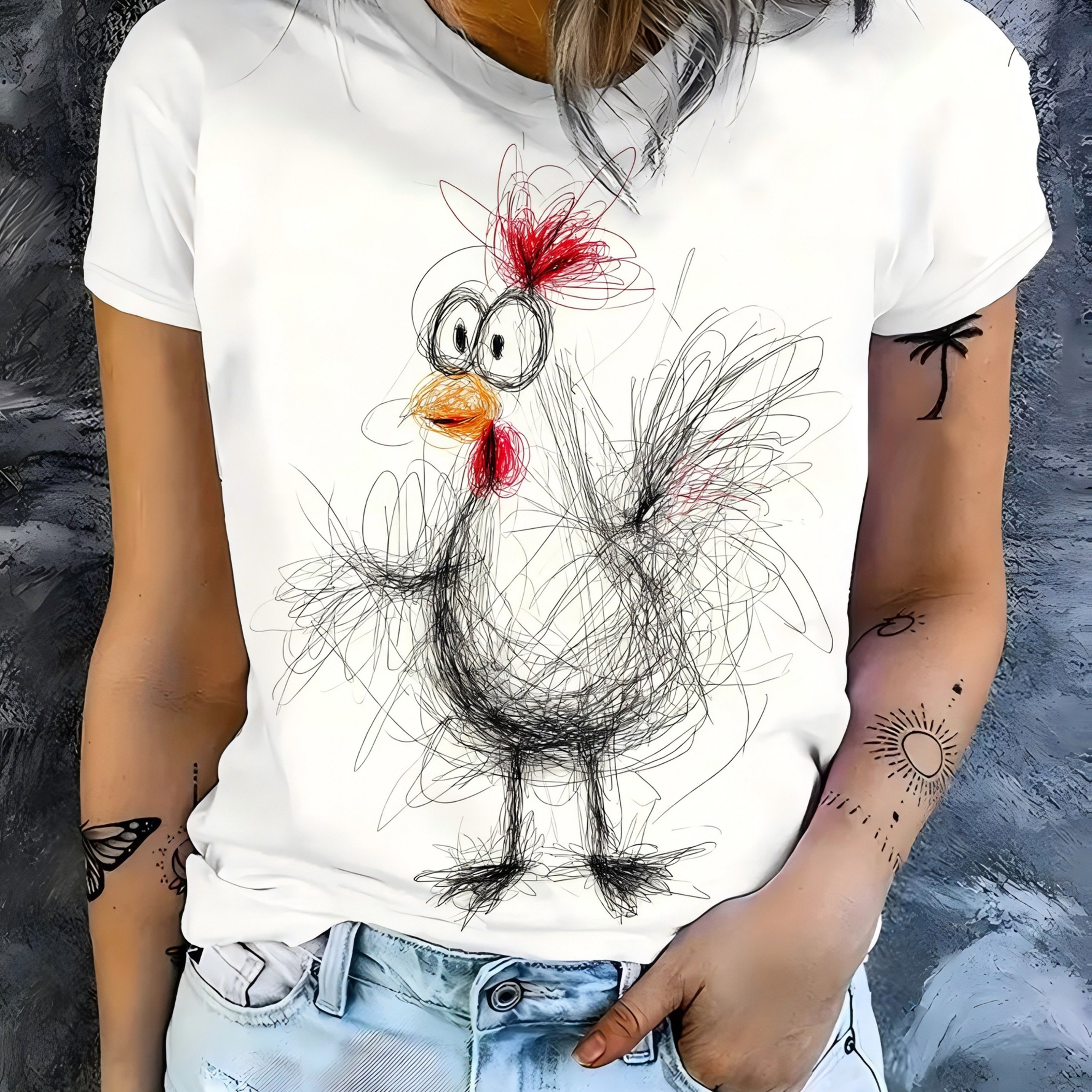 TEMU T-shirt da donna a maniche corte con stampa graffiti "Crazy Chick", divertente motivo con animali da fattoria dipinti a , 180G/M簡, morbida e