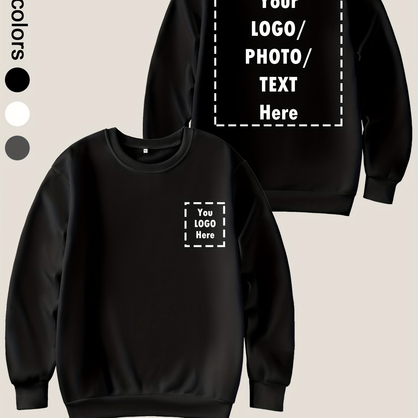 TEMU Customizable Personalized Text/logo Men's Crewneck Sweatshirt - 100% Polyester, Loose Fit, 250gsm Heavyweight Fabric, Machine Washable, Sporty-image-17594186228195