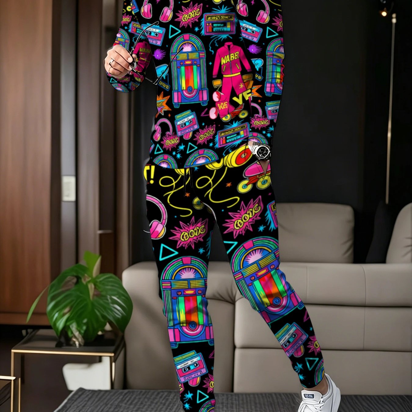 TEMU Conjunto de ocio para hombre con estampado vintage : camiseta de larga + pantalón largo, de estar por casa a y de tendencia
