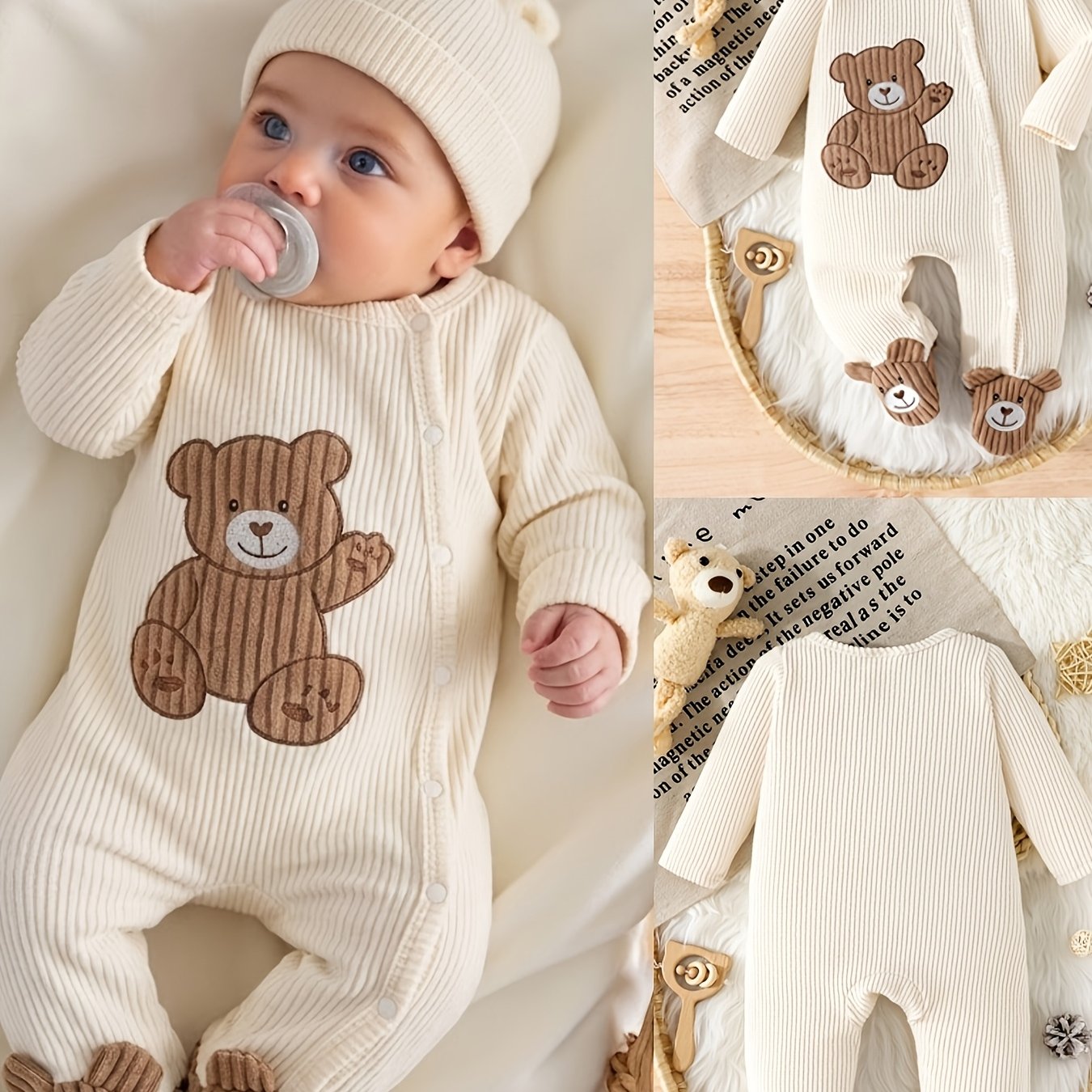 Image of Baby Boy Clothes Newborn Autumn/winter Cute Cute Pit Strip Cute Embroidered Little Bear Embroidered Fully Open Bag Leg Jumpsuit Suitable For Daily Minimalist Outdoor Wear, For Outdoor