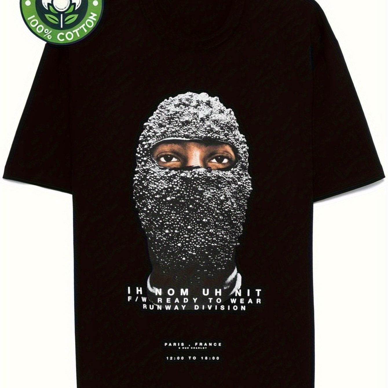 Men's Graphic T-shirt - Black 180 G/m2 Sizes S-xxxl, With Balaclava Face & Golden Logo -.& White Casual Short Sleeve Tee, , Durable Round Neck Shirt For Layering & Casual Attire (machine Washable)