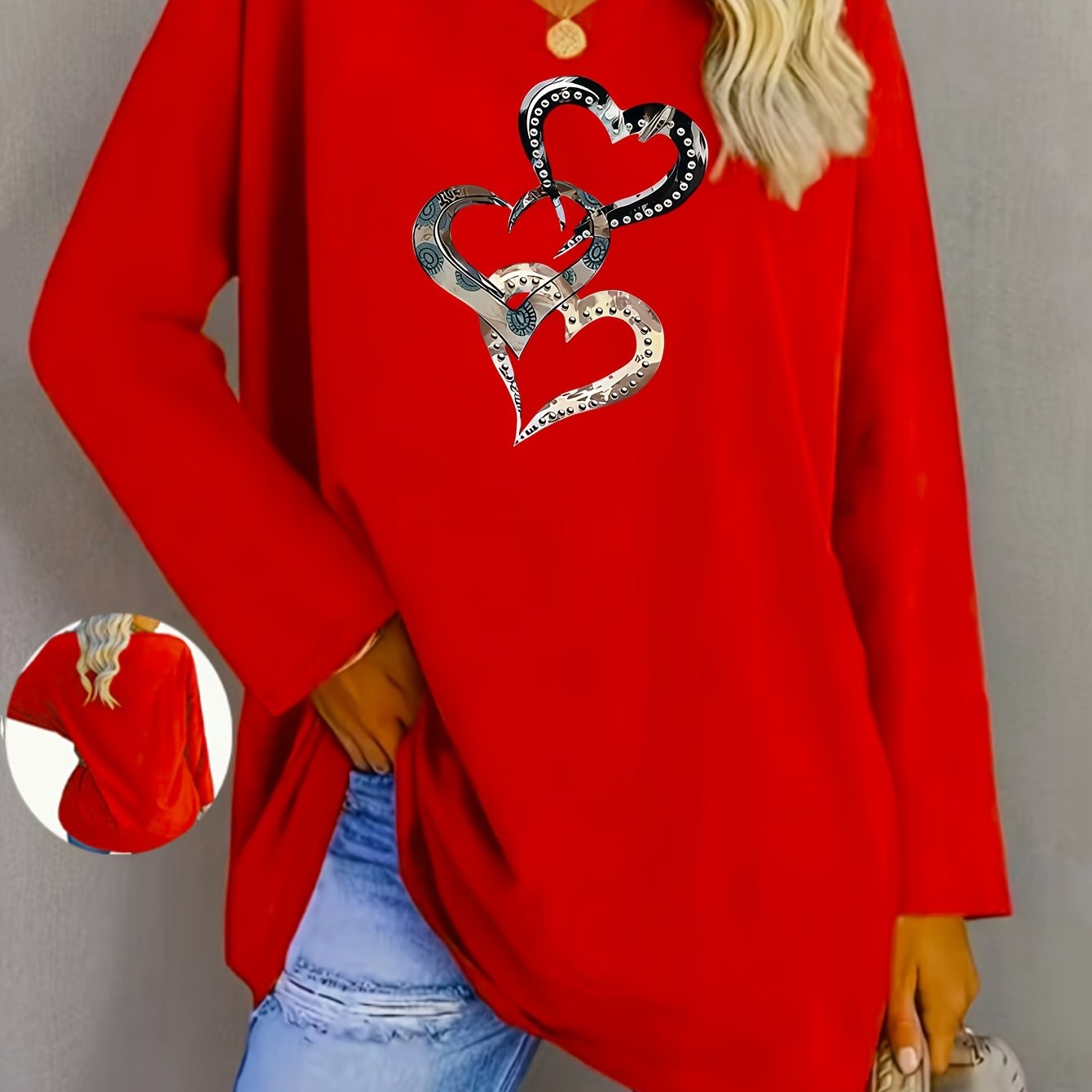 TEMU Plus Size - Plus Size - Big Size V-neck Long Sleeve T-shirt With Heart Pattern And Rhinestones For Casual Wear