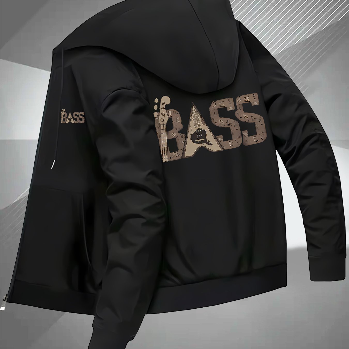 TEMU Chaqueta de béisbol de negocios con cuello , superior versátil, estilo europeo y americano con estampado de y de guitarra, chaqueta con capucha