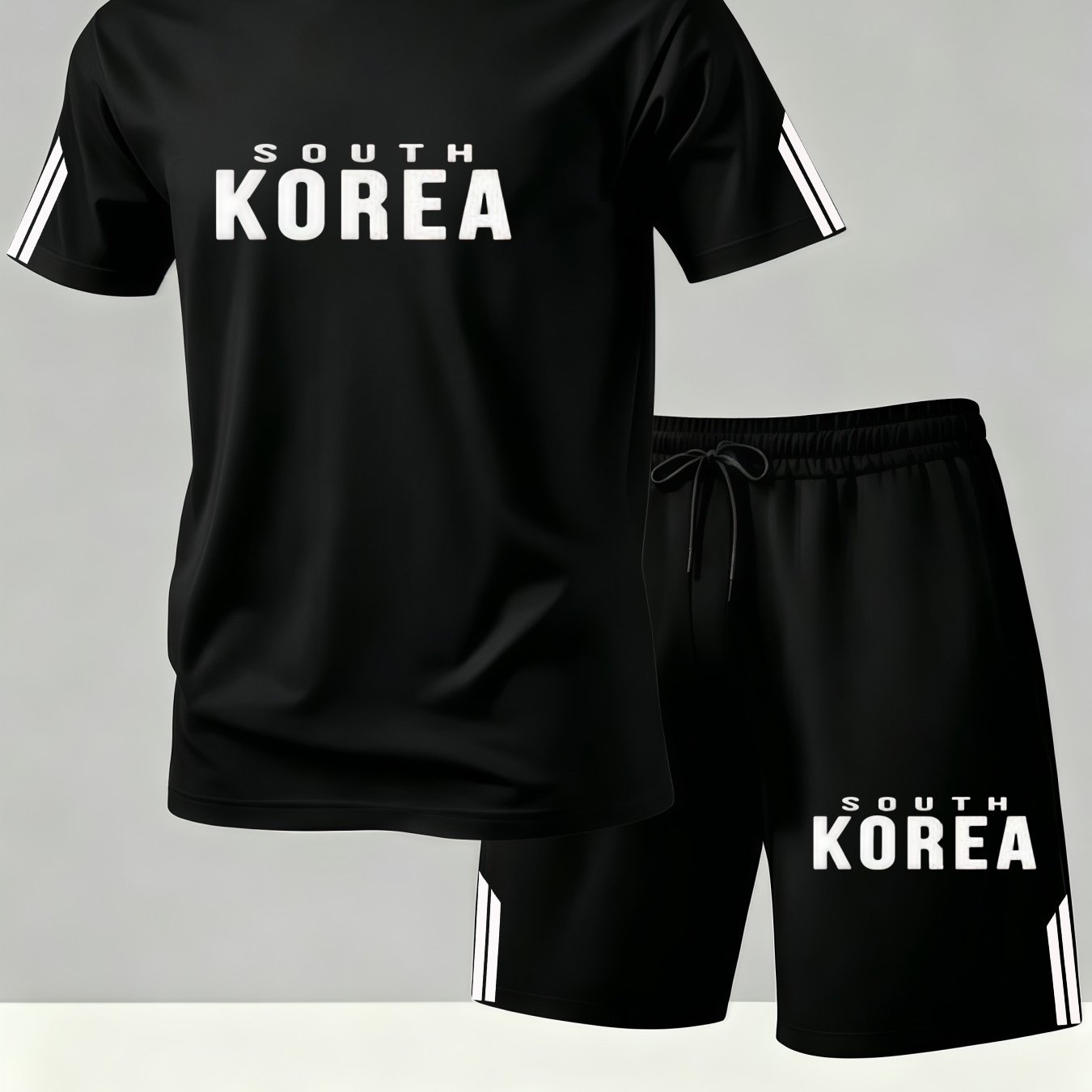 TEMU 한글 알파벳 프린트 남성용 여름 라운드넥 반팔 티셔츠와 반바지 세트, 통기성 좋고 편안함, 야외 스포츠 및 데일리 캐주얼웨어에 적합, 스타일리시한 패턴