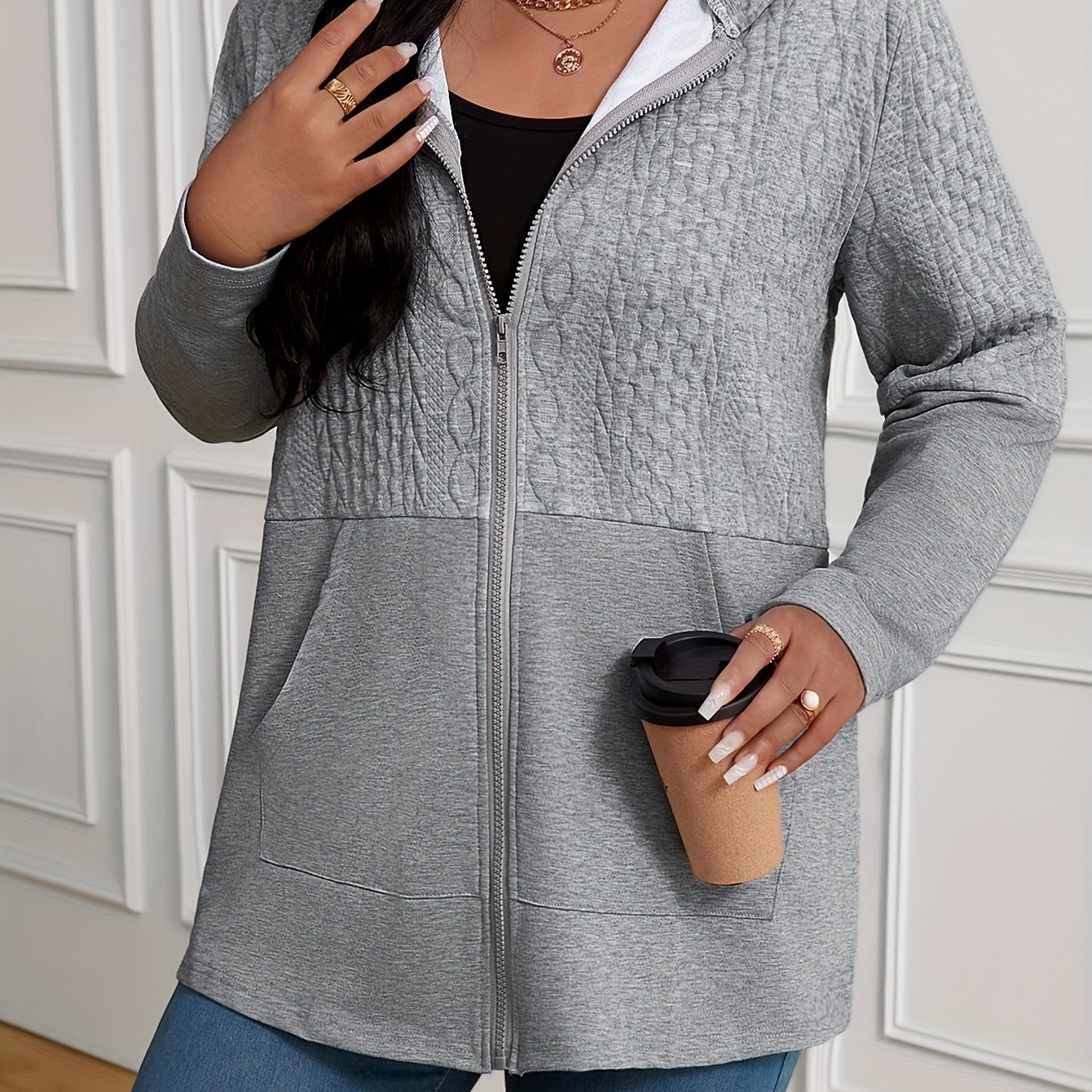TEMU Plus Size Women's Diamond Zipper Hooded Cardigan Jacket, Casual Elegant Women's Fall Winter New Long Sleeve , Loose Soft For Curvy Women Daily