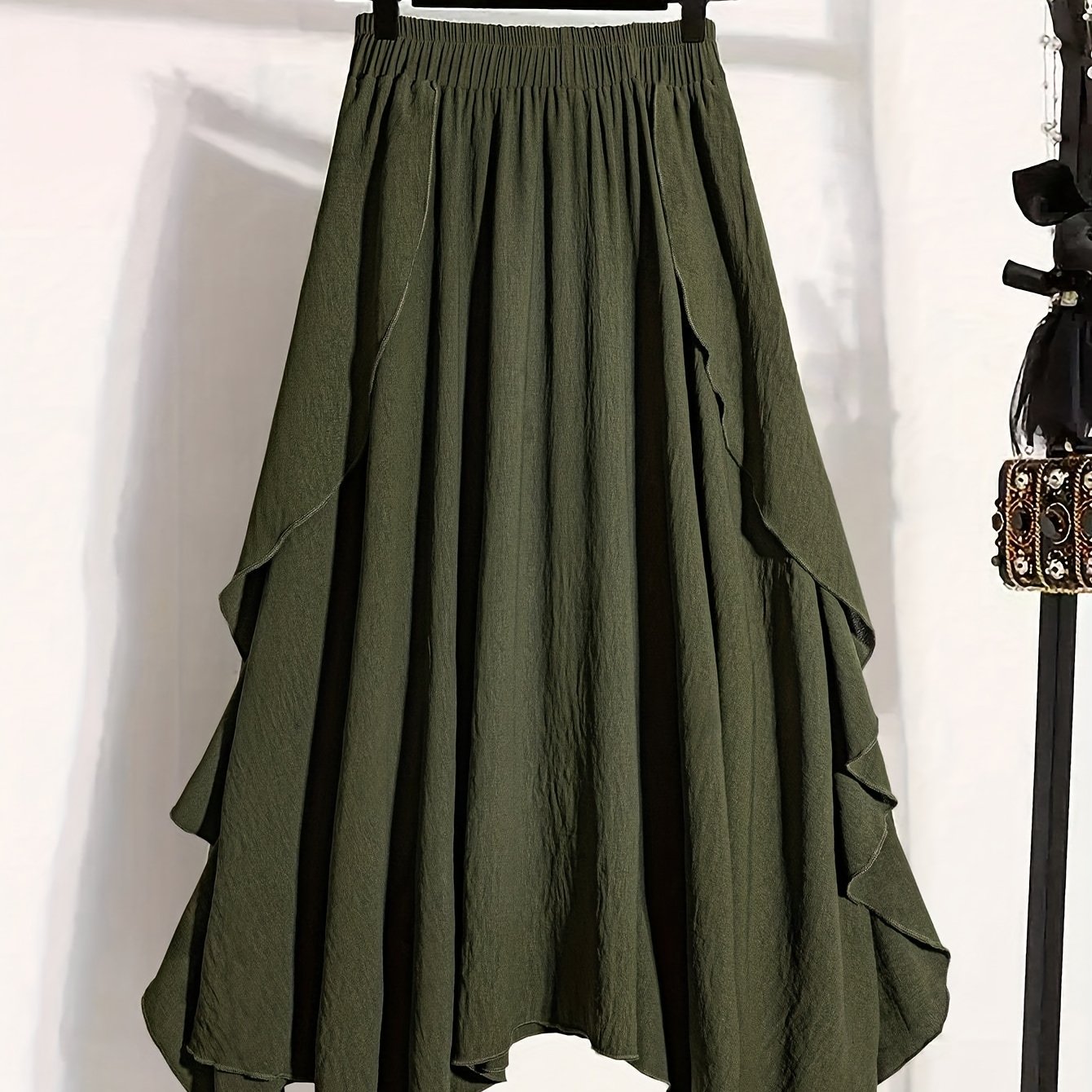 TEMU Plus Size, Plus-size Women' Color Elastic Waist Ruffle Texture Fabric Casual Versatile Asymmetrical Hem Midi Skirt, Plus Size Women's Clothing,