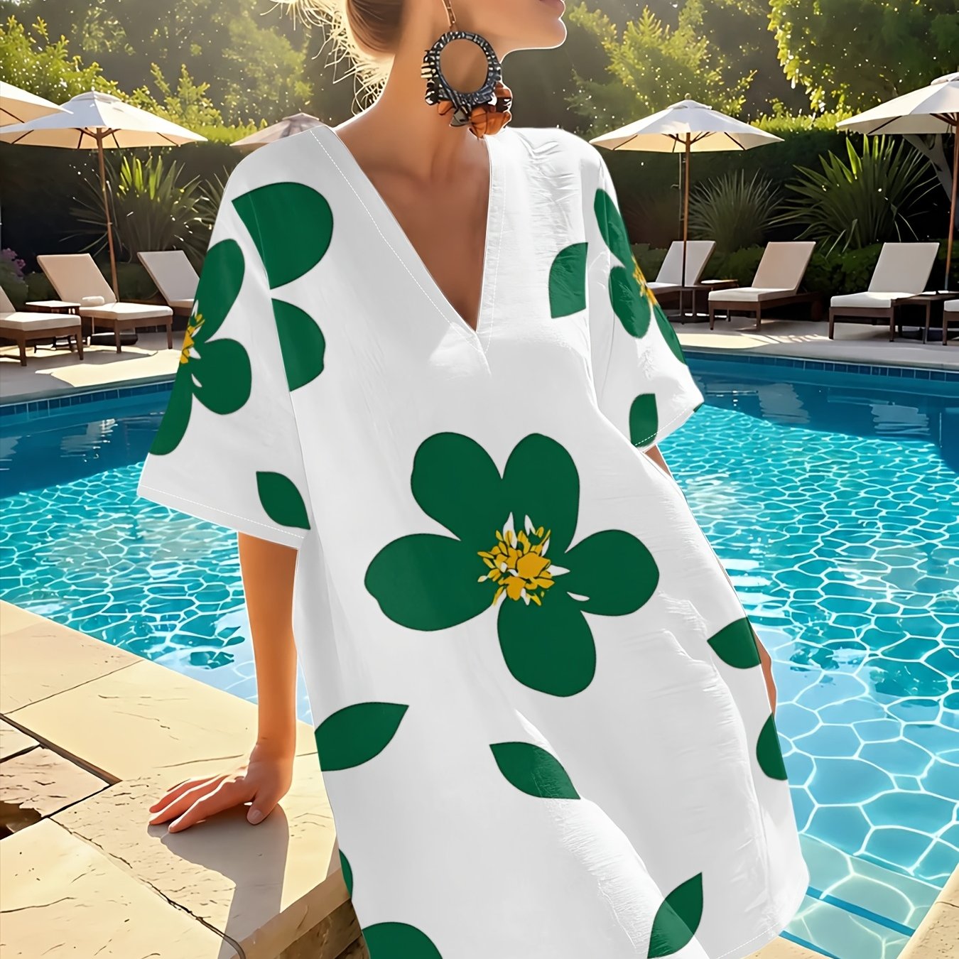 TEMU Women's Casual V-neck Dress, Green Floral Print Short Sleeve Beach Cover-up, Fashionable Hot Item, Breathable Mid-length T-shirt Dress, Suitable