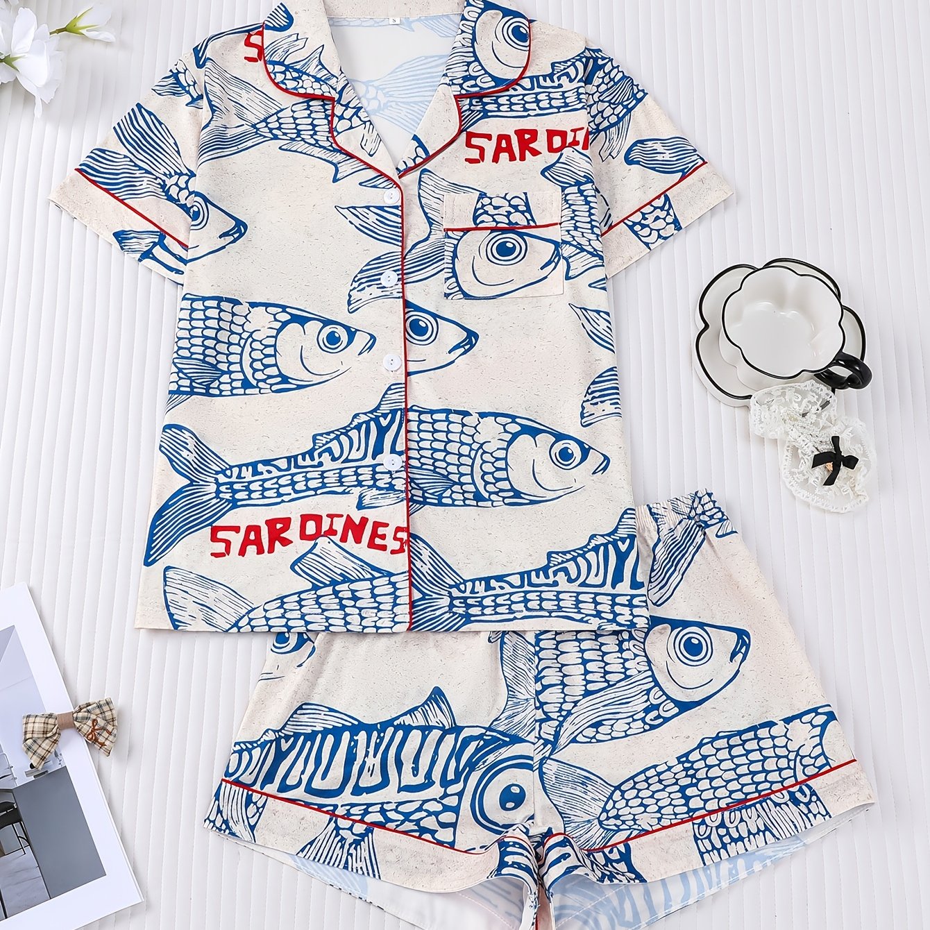 E-shop 2 Stück Damen Sardinen-Druck Pyjama-Set – Kurzarm-Pyjama mit Reverskragen Knopfleiste, Shorts & passende Shorts, Nicht Durchsichtige Weiche
