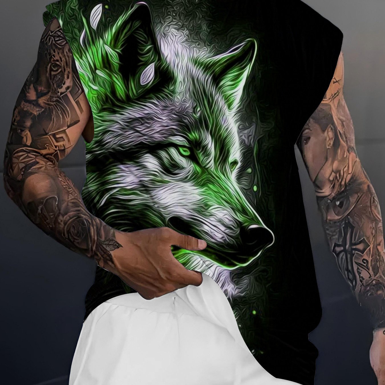 TEMU [printed Design - Not Textured] Men's Summer Sleeveless Vest With Wolf Head Pattern, And Trendy, Suitable For Casual Gatherings, Plus Size