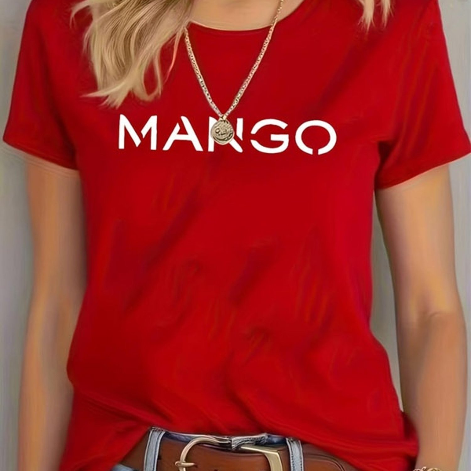 TEMU T-shirt Rouge à Manches Courtes pour Femme, T-shirt Décontracté à Col Rond avec Imprimé "MANGO" Blanc sur le Devant, Haut Léger en Polyester