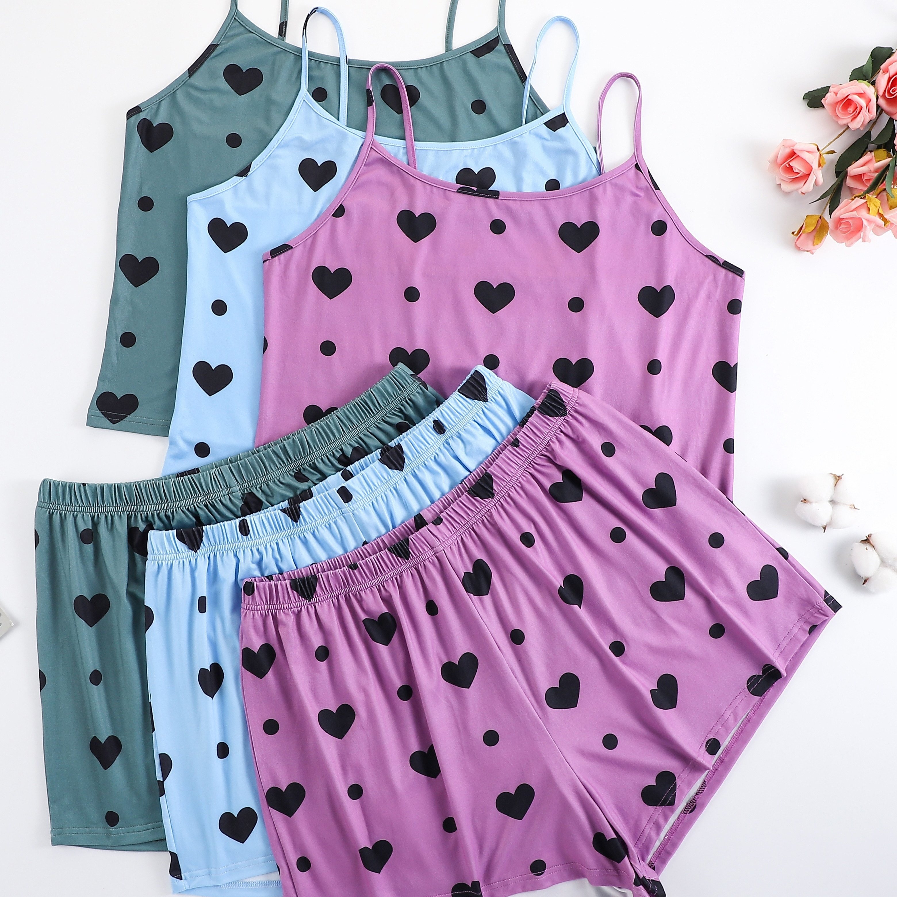 Image of Plus Size 3-pack Set Heart Print Camisole Shorts Pajama Set
