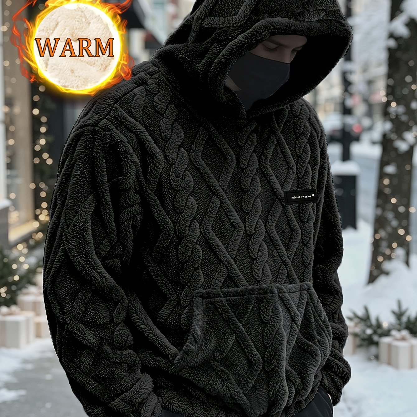 TEMU Men's Winter 3d Jacquard Textured Hooded Sweatshirt, Men's Autumn Winter Fleece Thickened Relaxed Style Kangaroo Pocket Hooded Top, Pullover