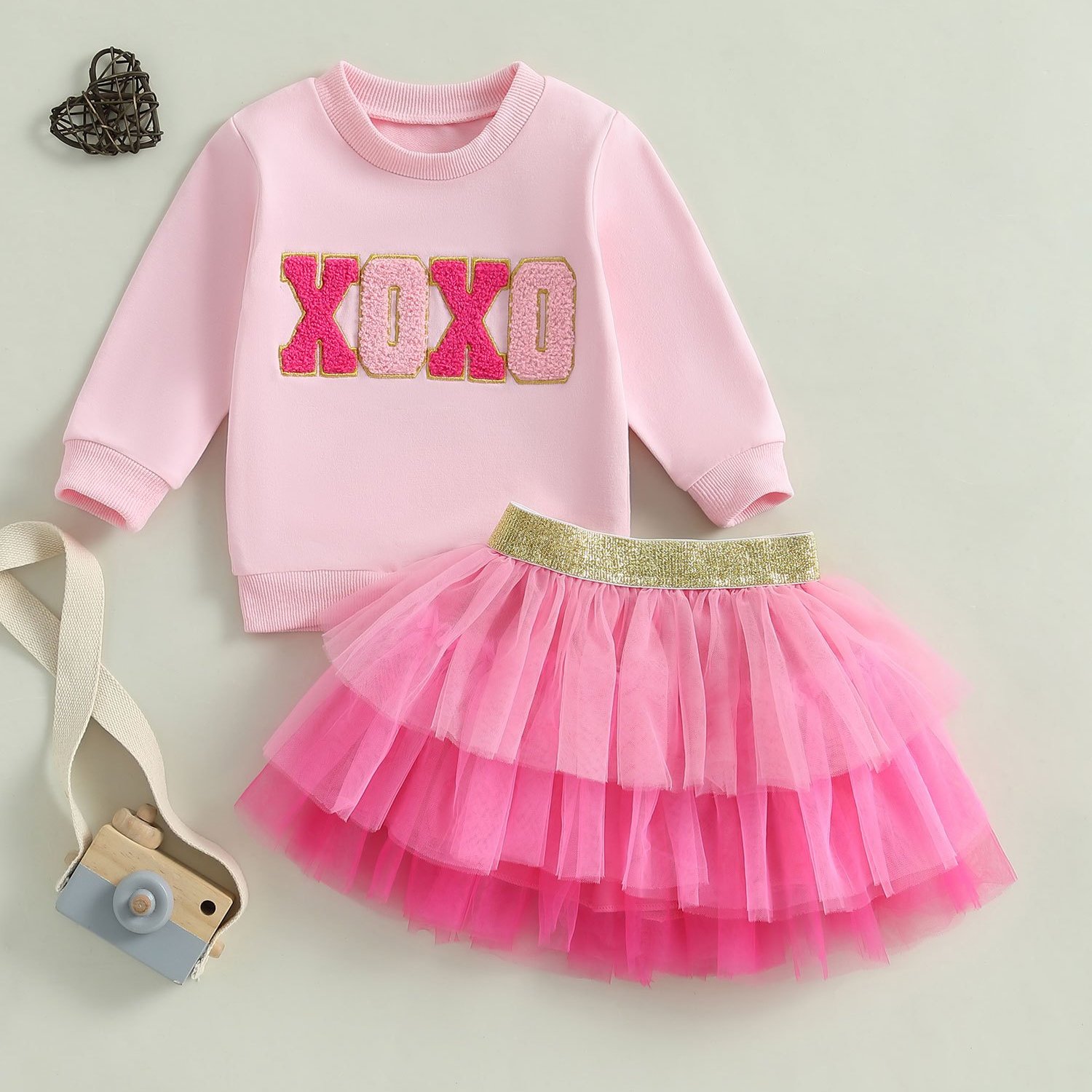 TEMU 2pcs Toddler Girls Dressy Cotton Blend Outfit Set - Embroidered Letter Sweatshirt & Layered Tulle Skirt With Floral Print, Regular Fit, Wear, For Outdoor