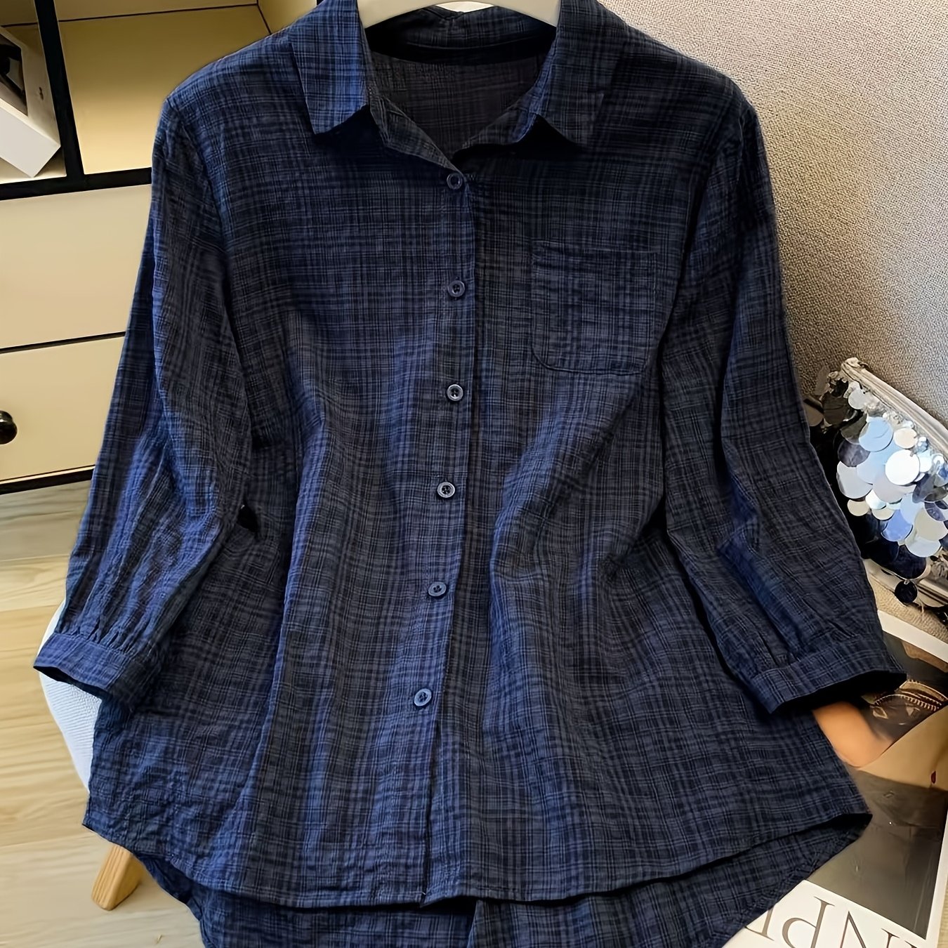 TEMU Blue Short Sleeve Loose Shirt For Women