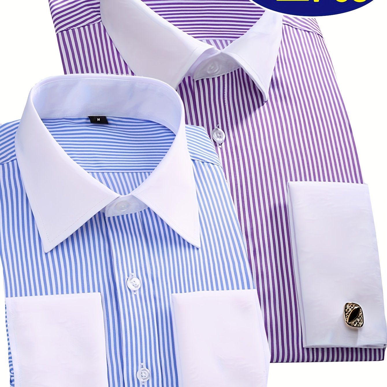 TEMU Men's French Cuff Shirt 2-pc Color Block Collar Business Formal Dress Shirt With Detachable Cufflinks And Wrinkle Resistant Pocket