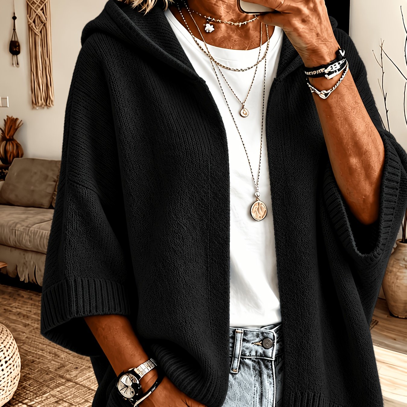 TEMU Cardigan da donna con cappuccio , giacca a maglia sul senza bottoni con maniche a tre , capispalla casual e rilassato