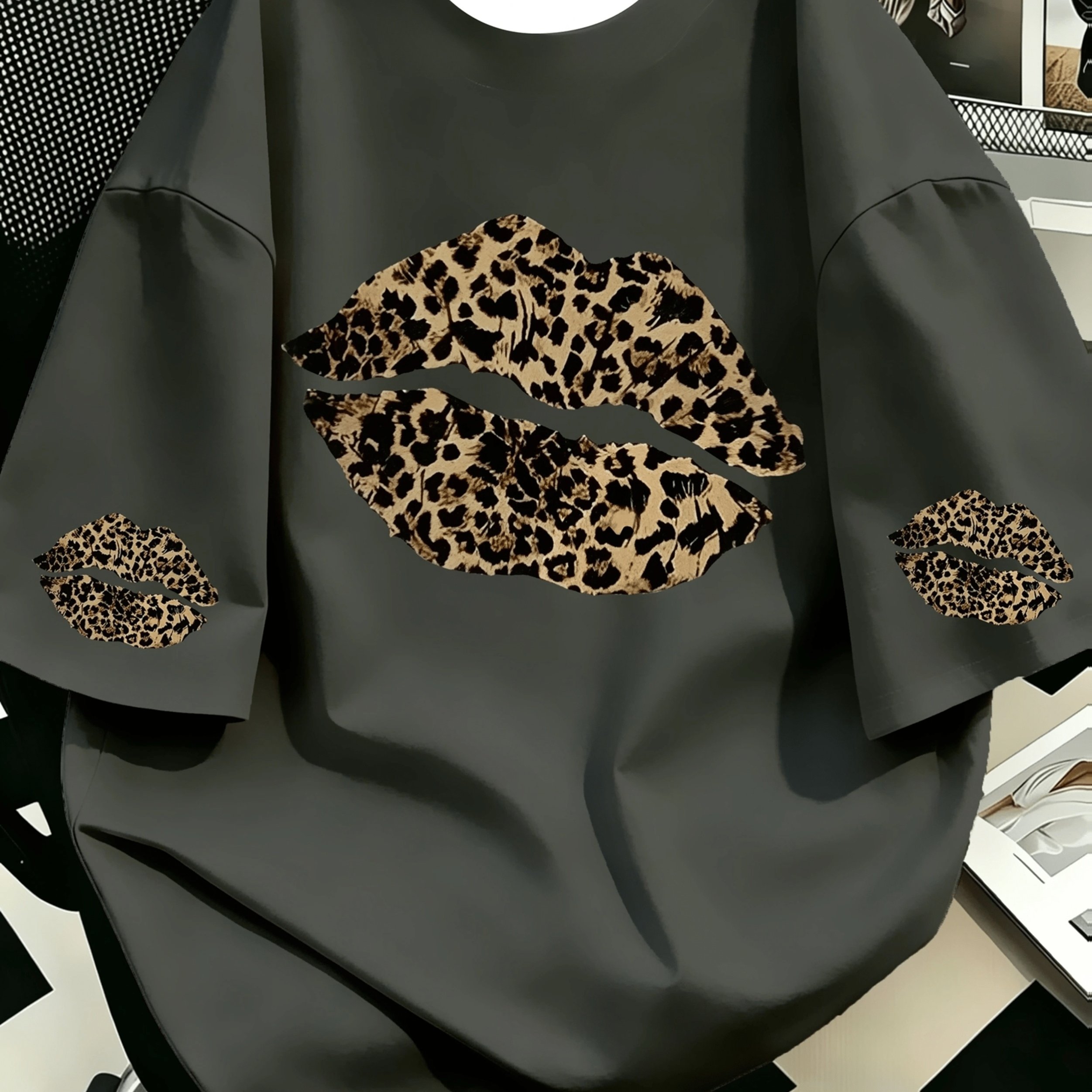 TEMU Leopard Print Lips T-shirt - Short Sleeve Round Neck Casual & Athletic Top With Full-body Leopard Design, Suitable For Summer Vacations, Beach