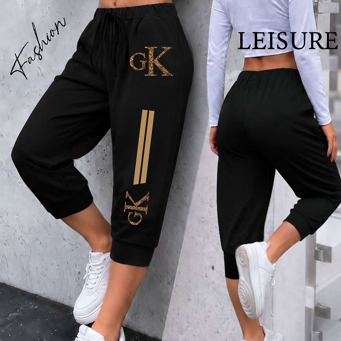 TEMU Pantalon jogging court à , à imprimé à , pour femme grande taille, avec taille à cordon de serrage, pantalon Capri décontracté