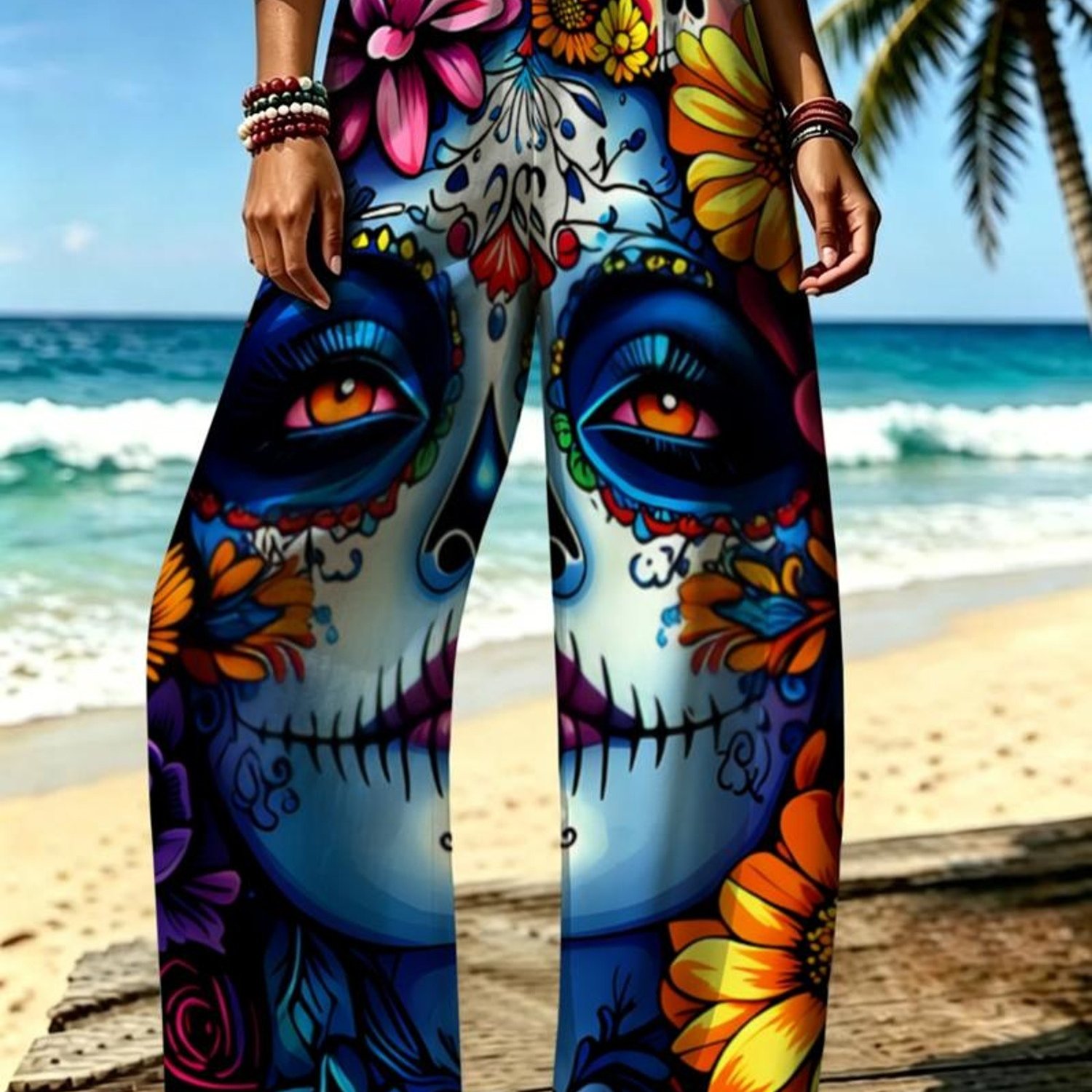 TEMU Women's Fashion Trousers, Colorful Sugar Skull , Multiple Sizes , Of The Dead Theme, Stylish & Festive For Daily Wear/party