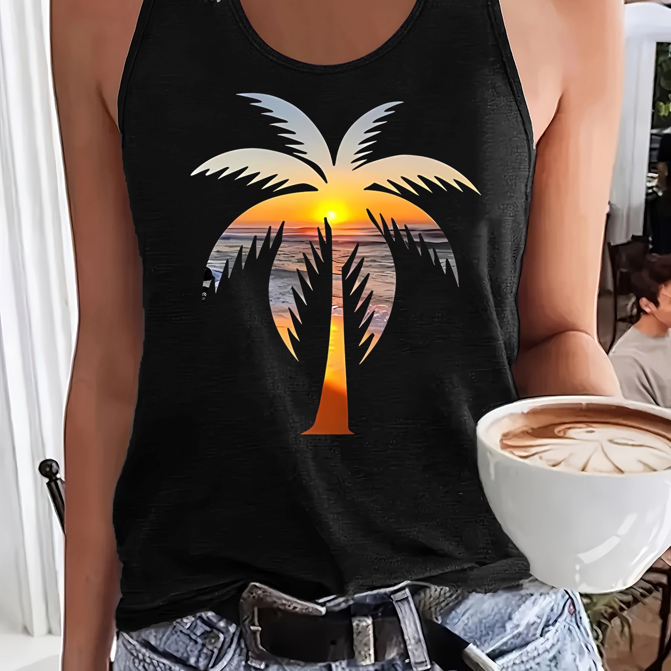 TEMU (064#) Women's Fashion Vest, Printed Design Round Neck Tank Top, Women's Summer Vest