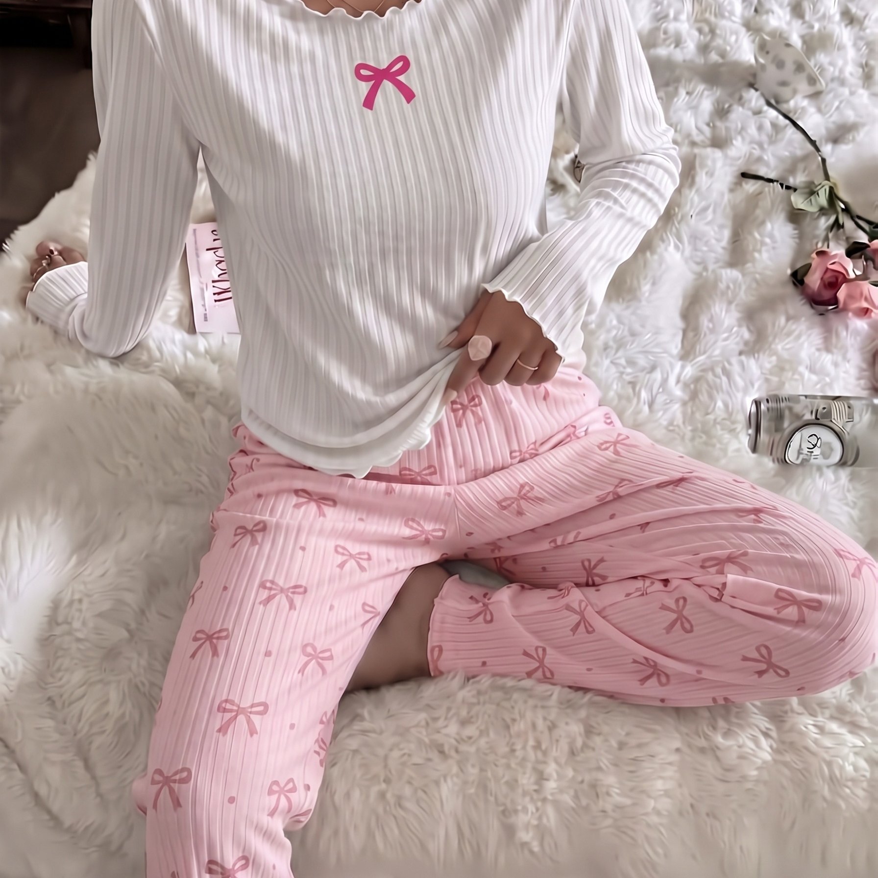 TEMU 2026 Fall Winter Women's 2pcs Premium Ribbed Pajamas, Girly Ins Crew Neck Long Sleeve Bow Print Top, Waist Lounge Pants, Valentine's New Year
