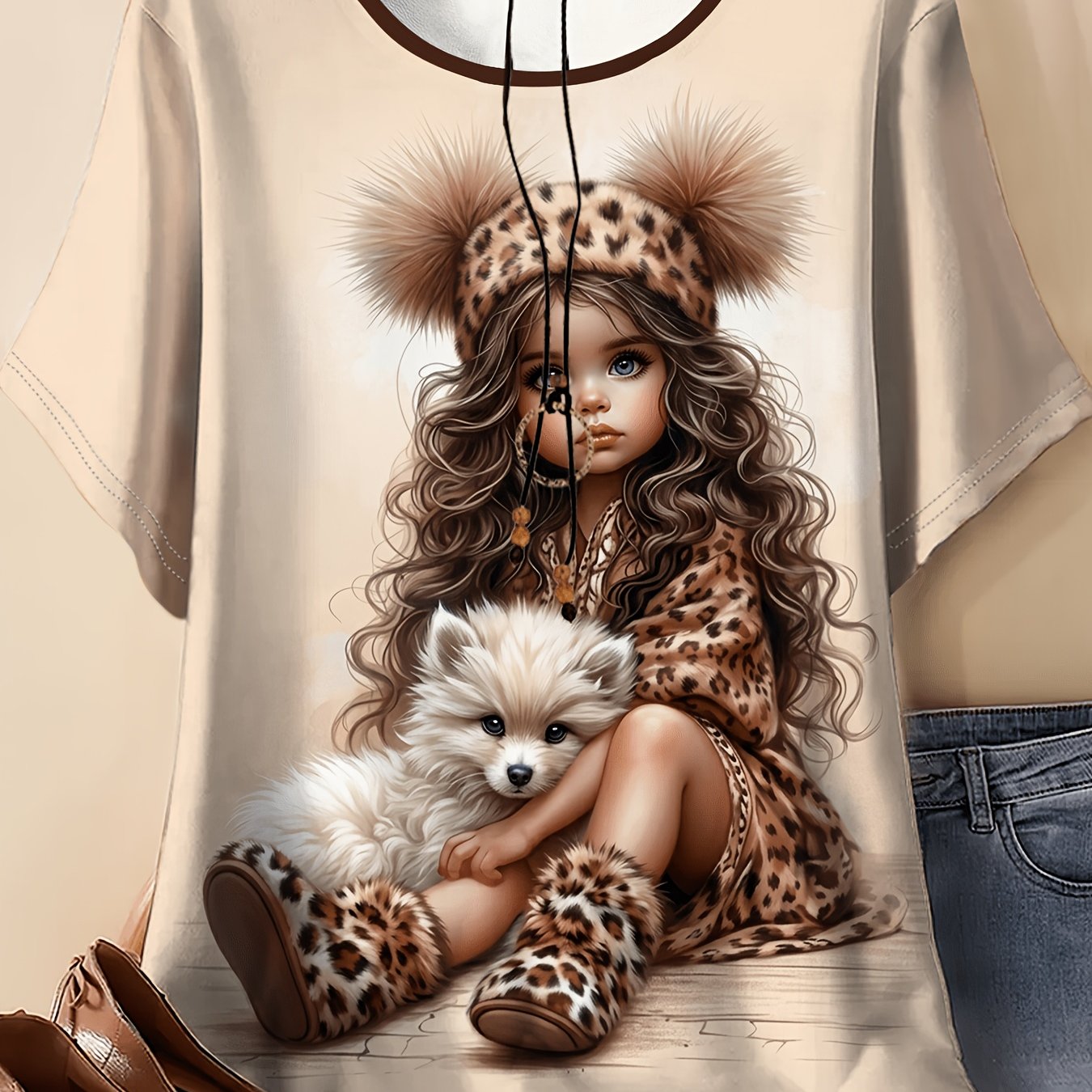 TEMU Plus Size - Plus Size - Plus Size Women's T-shirt, Round Neck Short Sleeves, Wearing Leopard Print Holding A Puppy Little Pattern Print Romantic