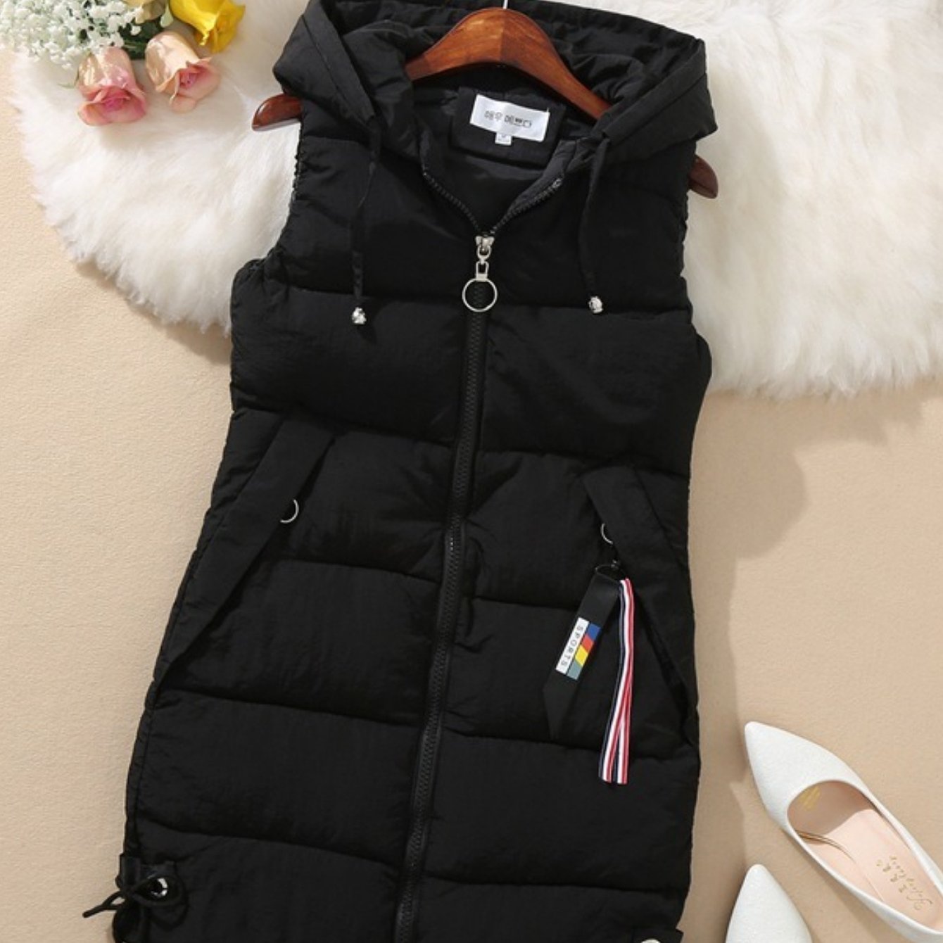 TEMU Women's Elegant Sleeveless Long V-neck Vest - Winter Warm Loose Fit, Zippper, Soft Comfortable Fabric, Casual Hooded Outerwear