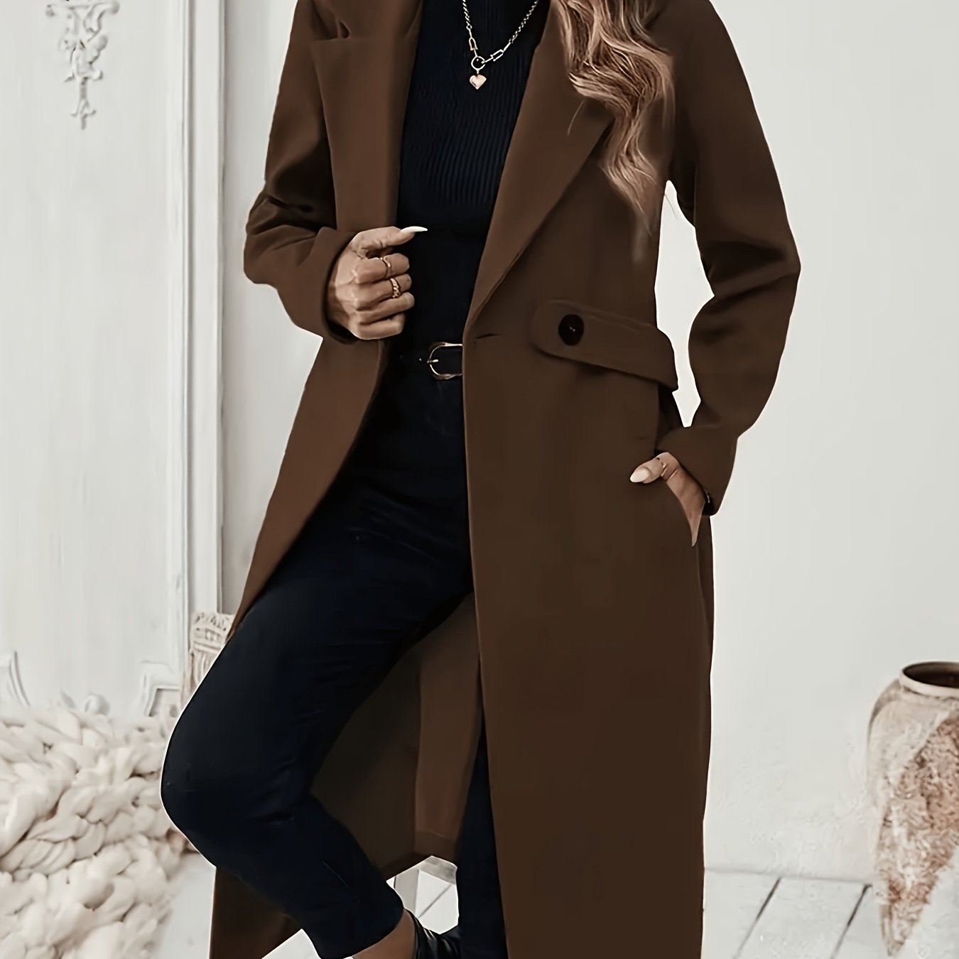 TEMU New Autumn/ Notched Lapel Long For Women, Waist-cinching With Tie Belt And Two-button Design, Over-the-knee Outerwear, Elegant Commuter Style,