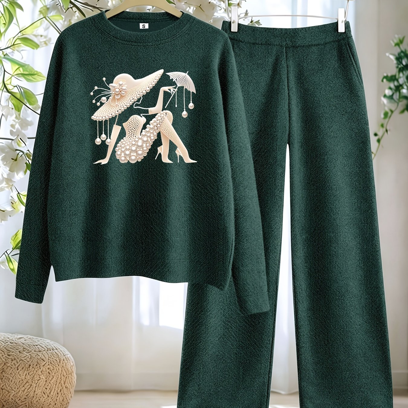 TEMU New Arrival Women's Fall Winter Thick 2pcs Outfit, Printed Loose Crew Neck Pullover Top Straight Leg Pants Set, Fashion Casual Long Sleeve Warm